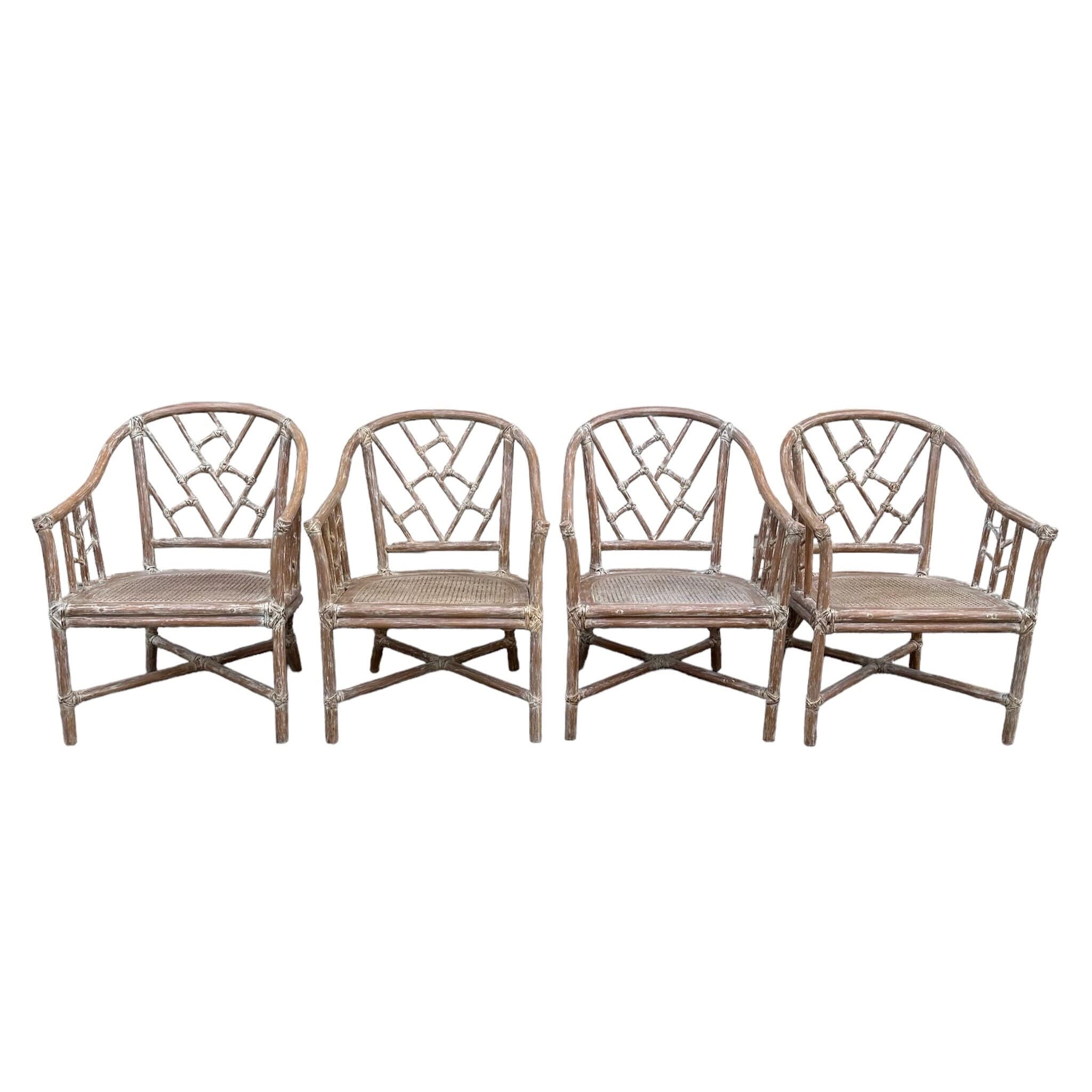 Set of 4 Rattan Arm Chairs with Chinese Chippendale Backs & Cane Seats - Vintage Chinoiserie White Wash Faux Bamboo Wood Hollywood Regency - Thumbnail 8