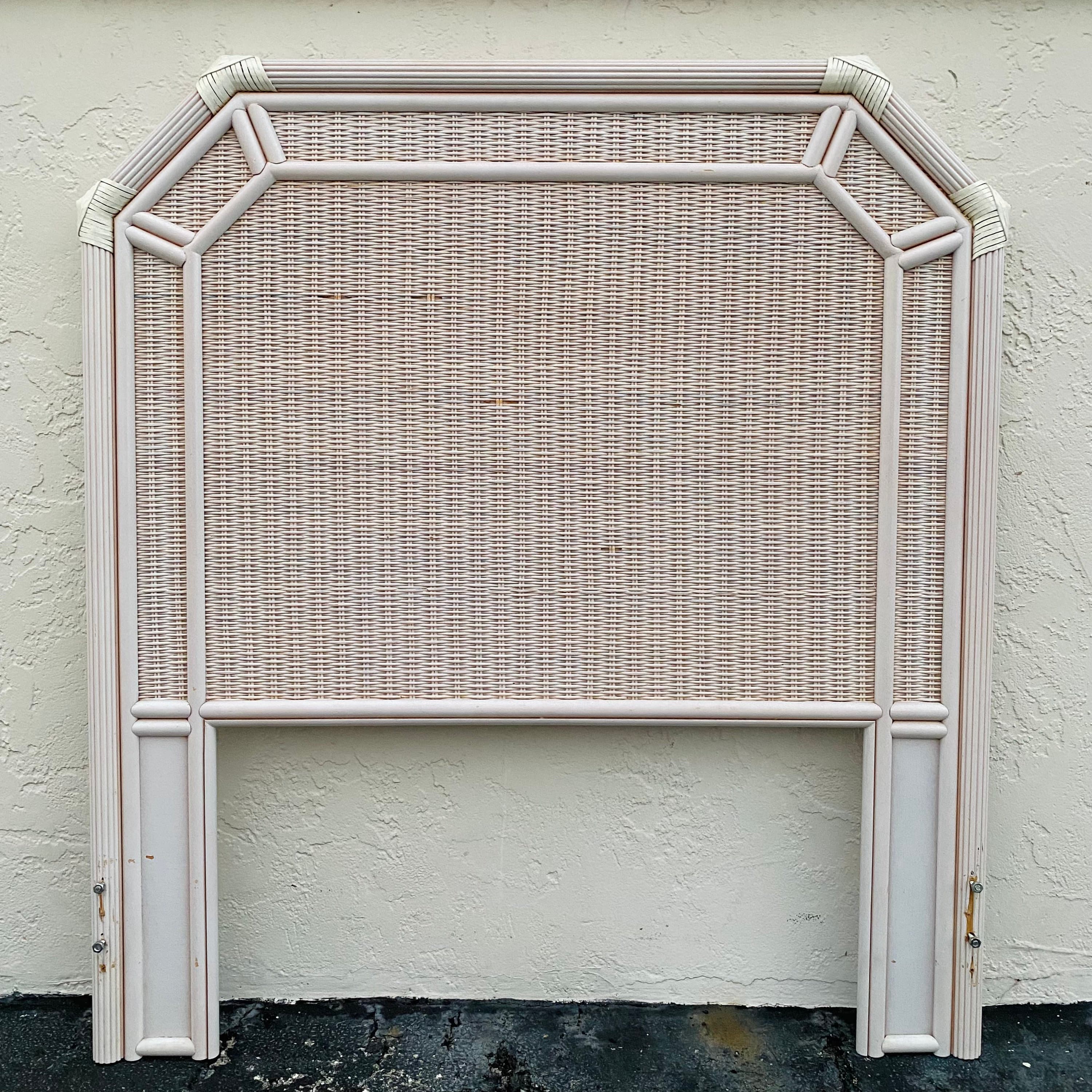 Rattan Twin Headboard with Pencil Reed Trim - Vintage White Wash Coastal Bedroom Furniture - Thumbnail 2