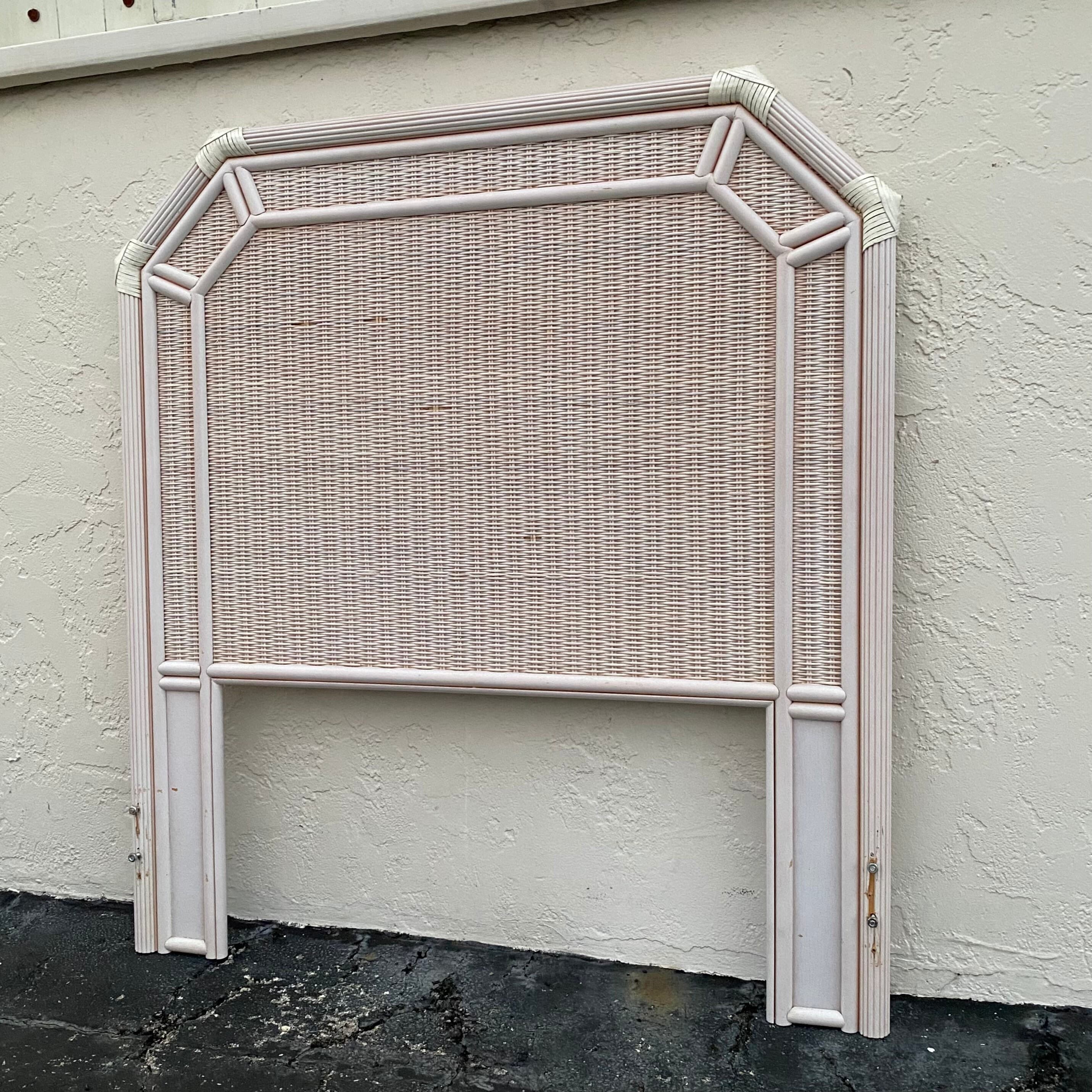 Rattan Twin Headboard with Pencil Reed Trim - Vintage White Wash Coastal Bedroom Furniture - Thumbnail 5