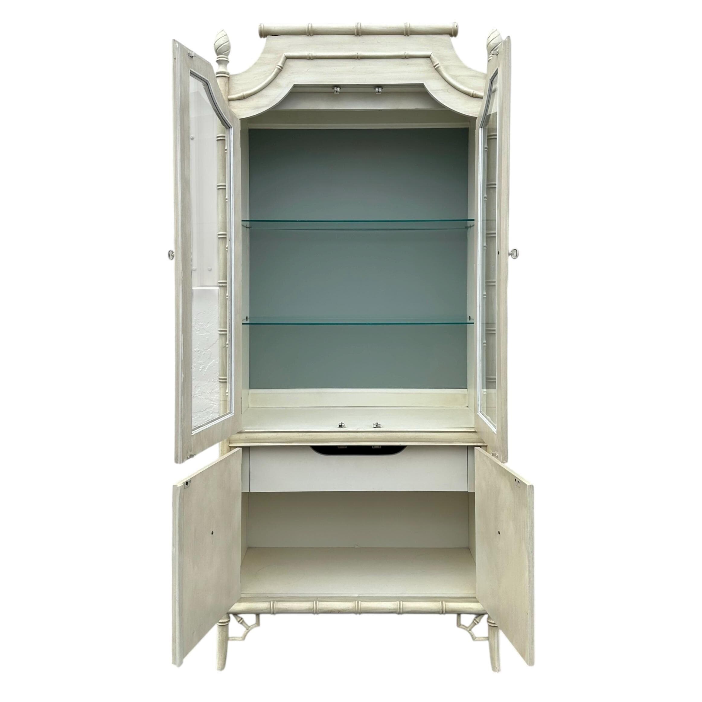 Faux Bamboo China Cabinet by Thomasville Allegro - 1970s Vintage Illuminated White Wash Chinoiserie Hollywood Regency Coastal Display - Thumbnail 3