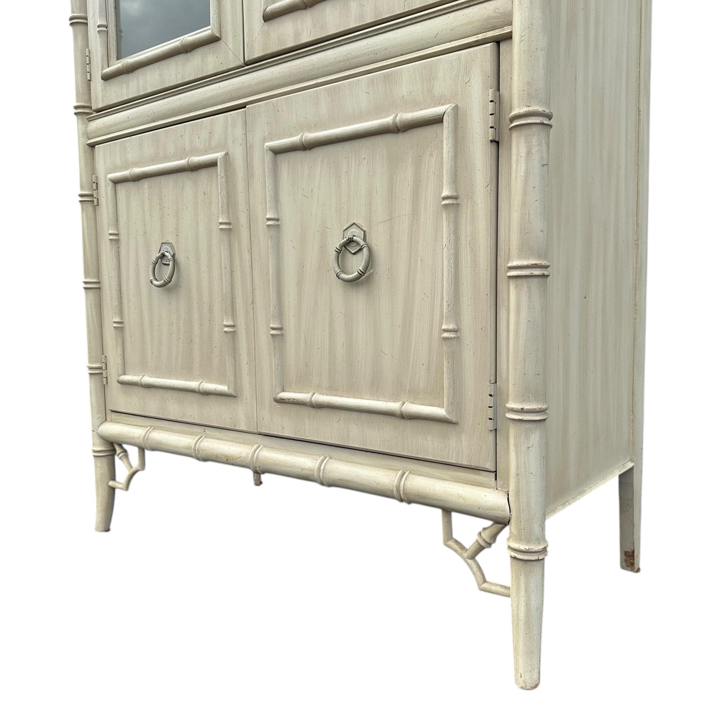 Faux Bamboo China Cabinet by Thomasville Allegro - 1970s Vintage Illuminated White Wash Chinoiserie Hollywood Regency Coastal Display - Thumbnail 12