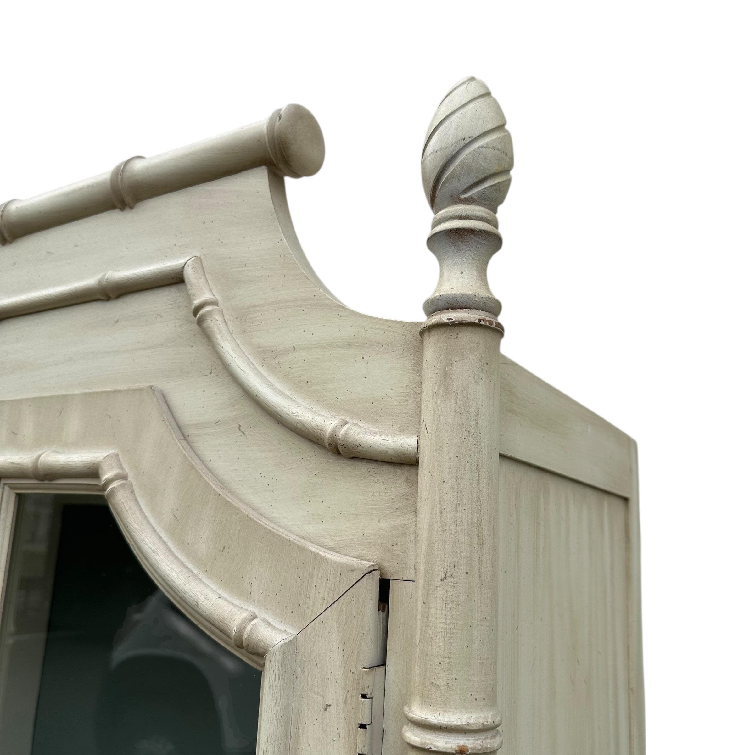 Faux Bamboo China Cabinet by Thomasville Allegro - 1970s Vintage Illuminated White Wash Chinoiserie Hollywood Regency Coastal Display - Thumbnail 9