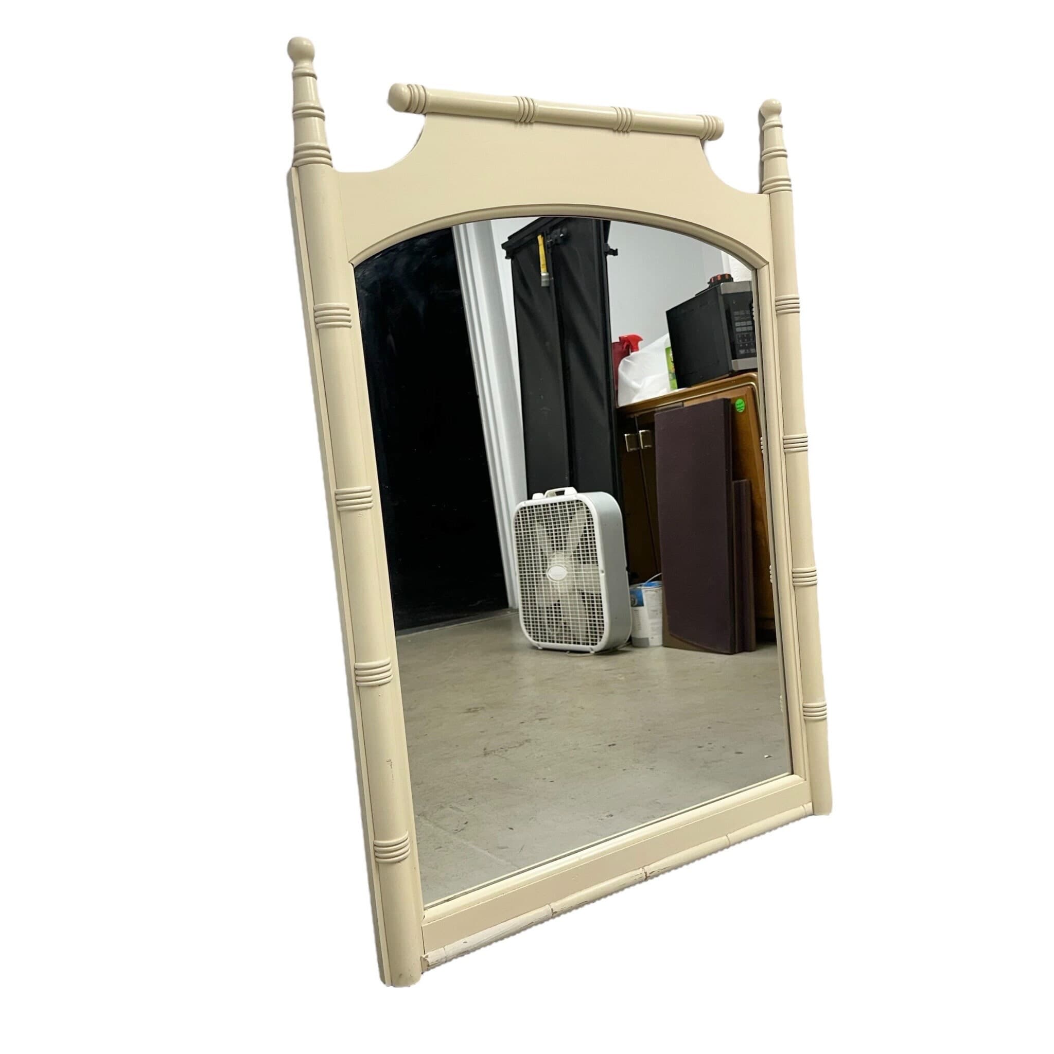 Faux Bamboo Mirror 42x30 LOCAL PICKUP Vintage Creamy White Coastal Hollywood Regency Style - Thumbnail 5