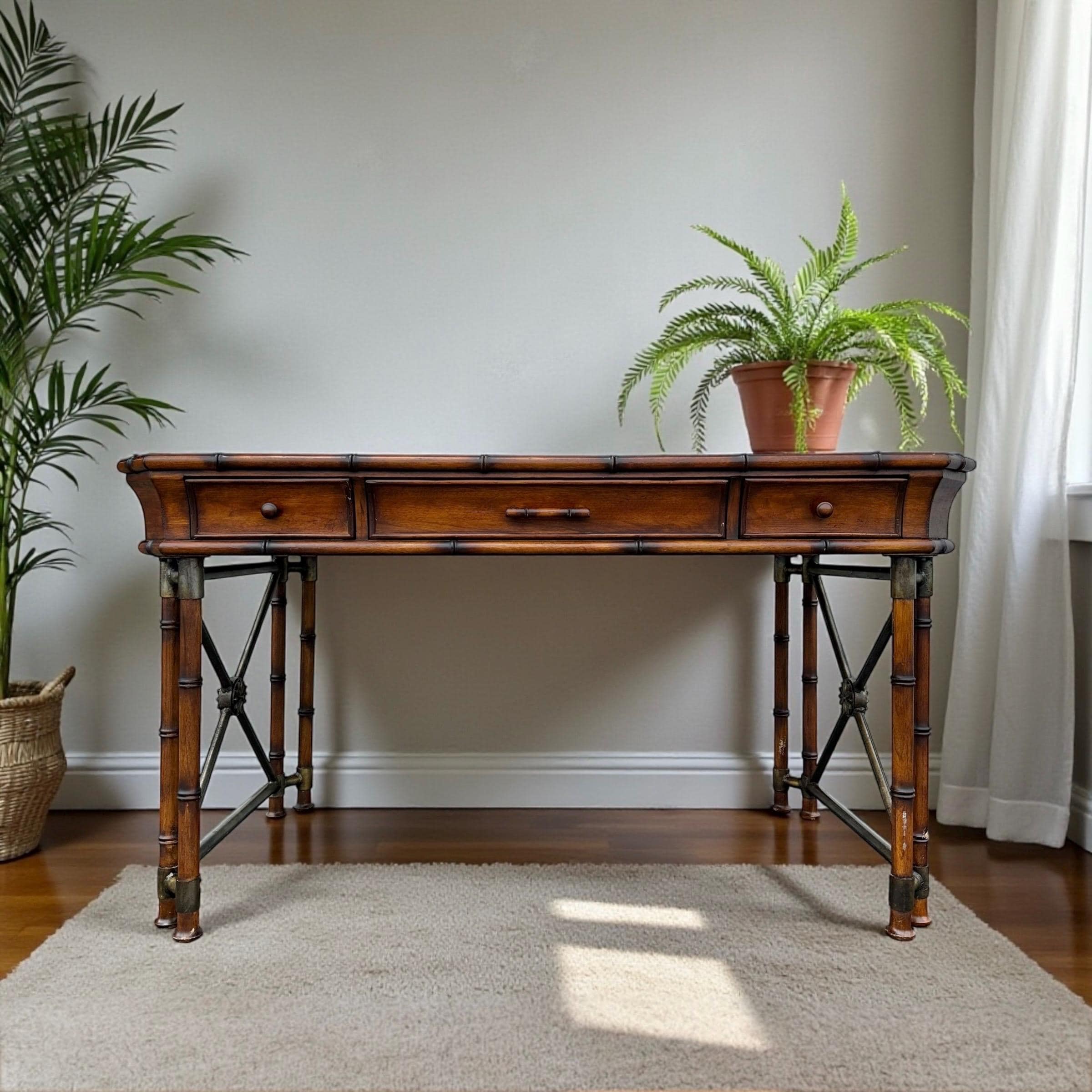 Faux Bamboo Desk by Hooker Furniture - Chinoiserie Burl Wood & Iron Writing Table Hollywood Regency Coastal Office Furniture - Thumbnail 2