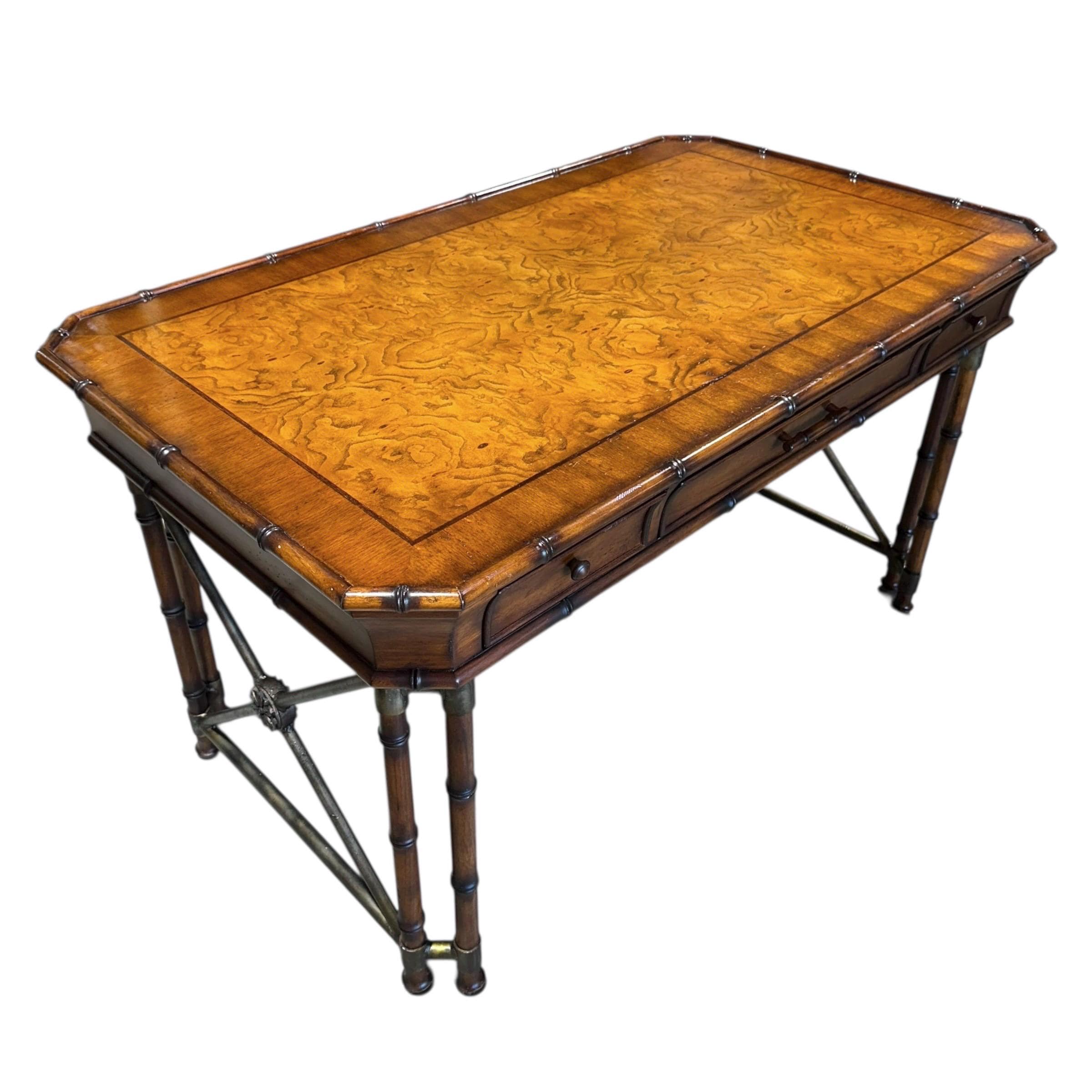 Faux Bamboo Desk by Hooker Furniture - Chinoiserie Burl Wood & Iron Writing Table Hollywood Regency Coastal Office Furniture - Thumbnail 3