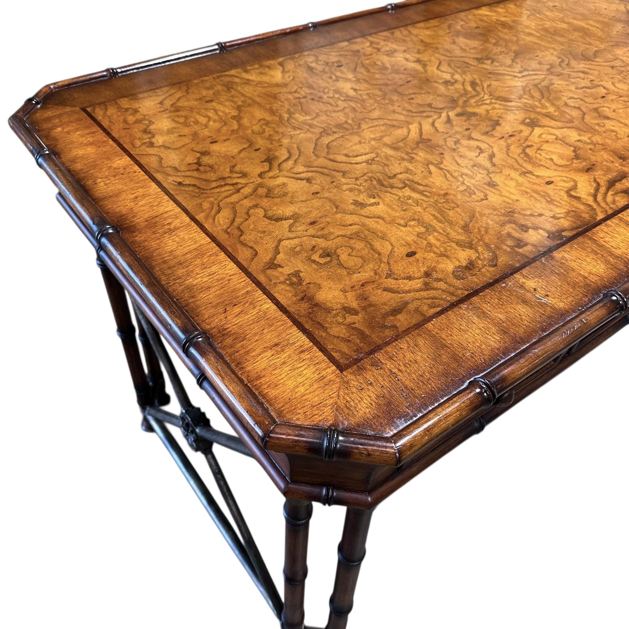 Faux Bamboo Desk by Hooker Furniture - Chinoiserie Burl Wood & Iron Writing Table Hollywood Regency Coastal Office Furniture - Thumbnail 4