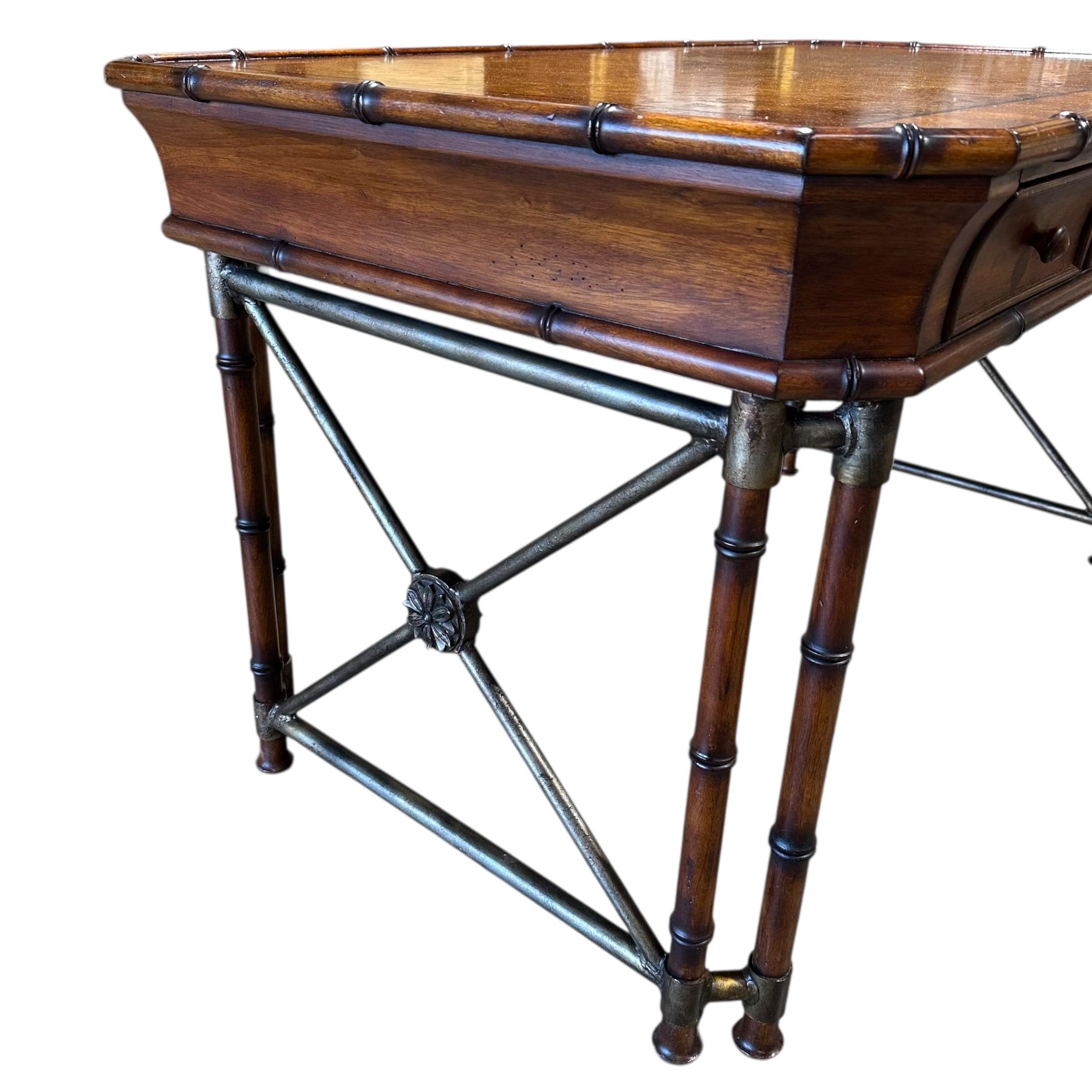 Faux Bamboo Desk by Hooker Furniture - Chinoiserie Burl Wood & Iron Writing Table Hollywood Regency Coastal Office Furniture - Thumbnail 8