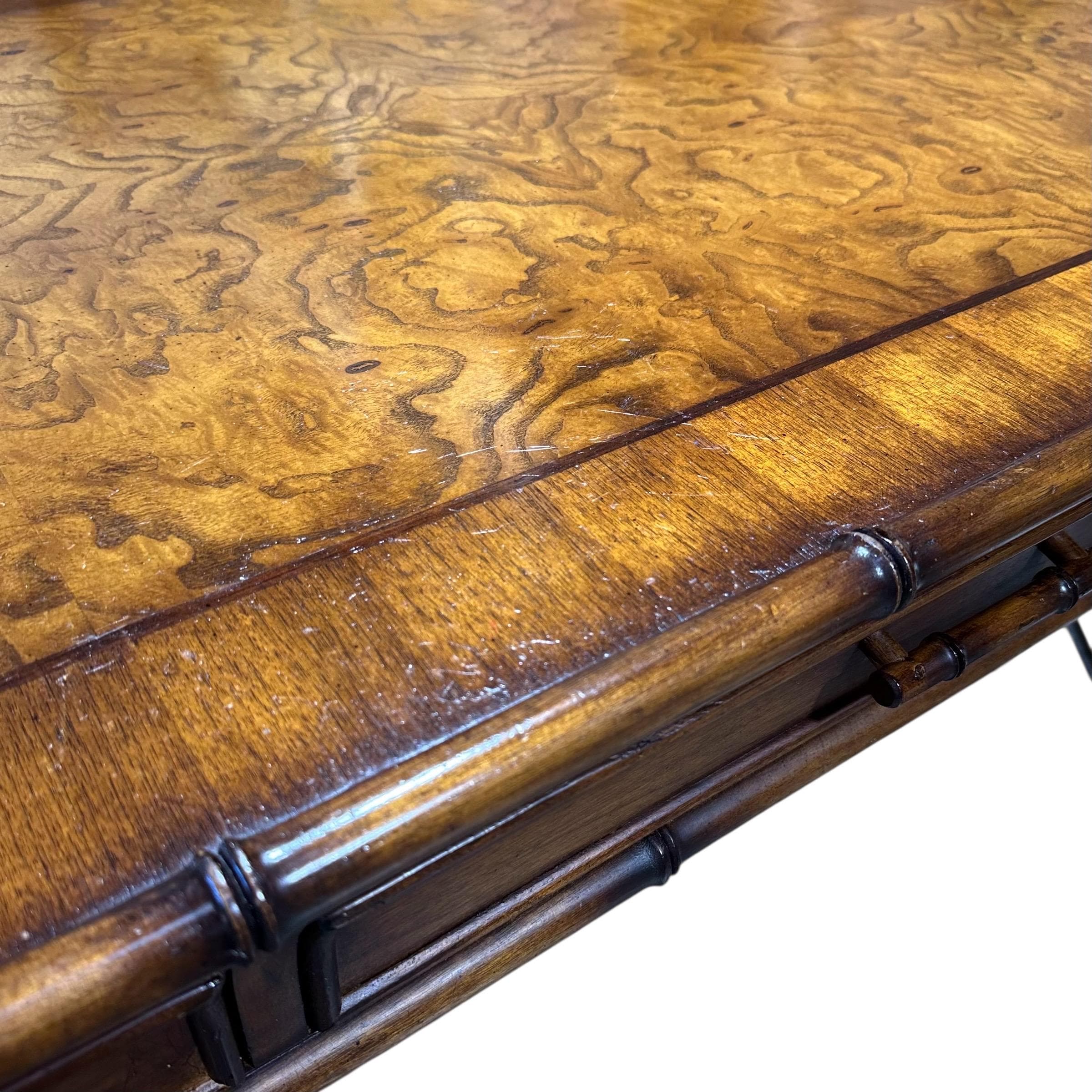 Faux Bamboo Desk by Hooker Furniture - Chinoiserie Burl Wood & Iron Writing Table Hollywood Regency Coastal Office Furniture - Thumbnail 6