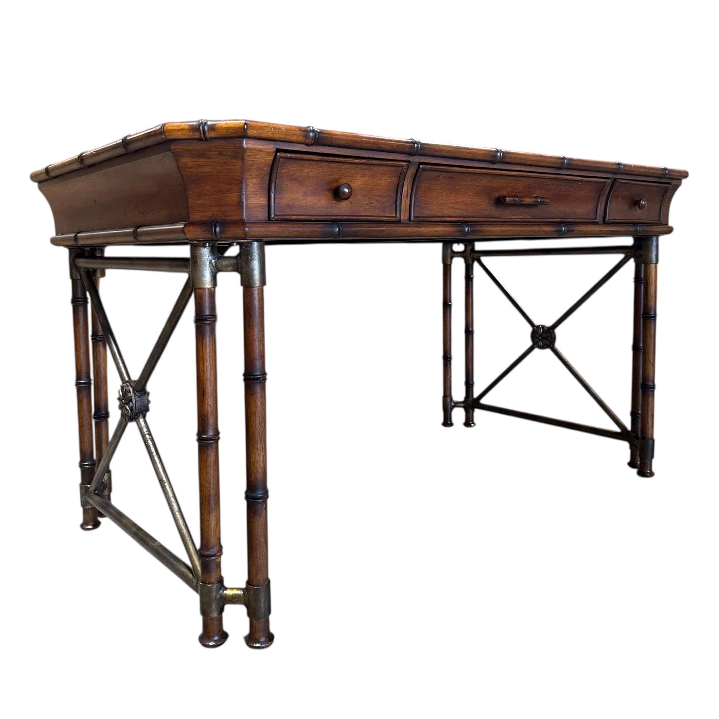 Faux Bamboo Desk by Hooker Furniture - Chinoiserie Burl Wood & Iron Writing Table Hollywood Regency Coastal Office Furniture - Thumbnail 10