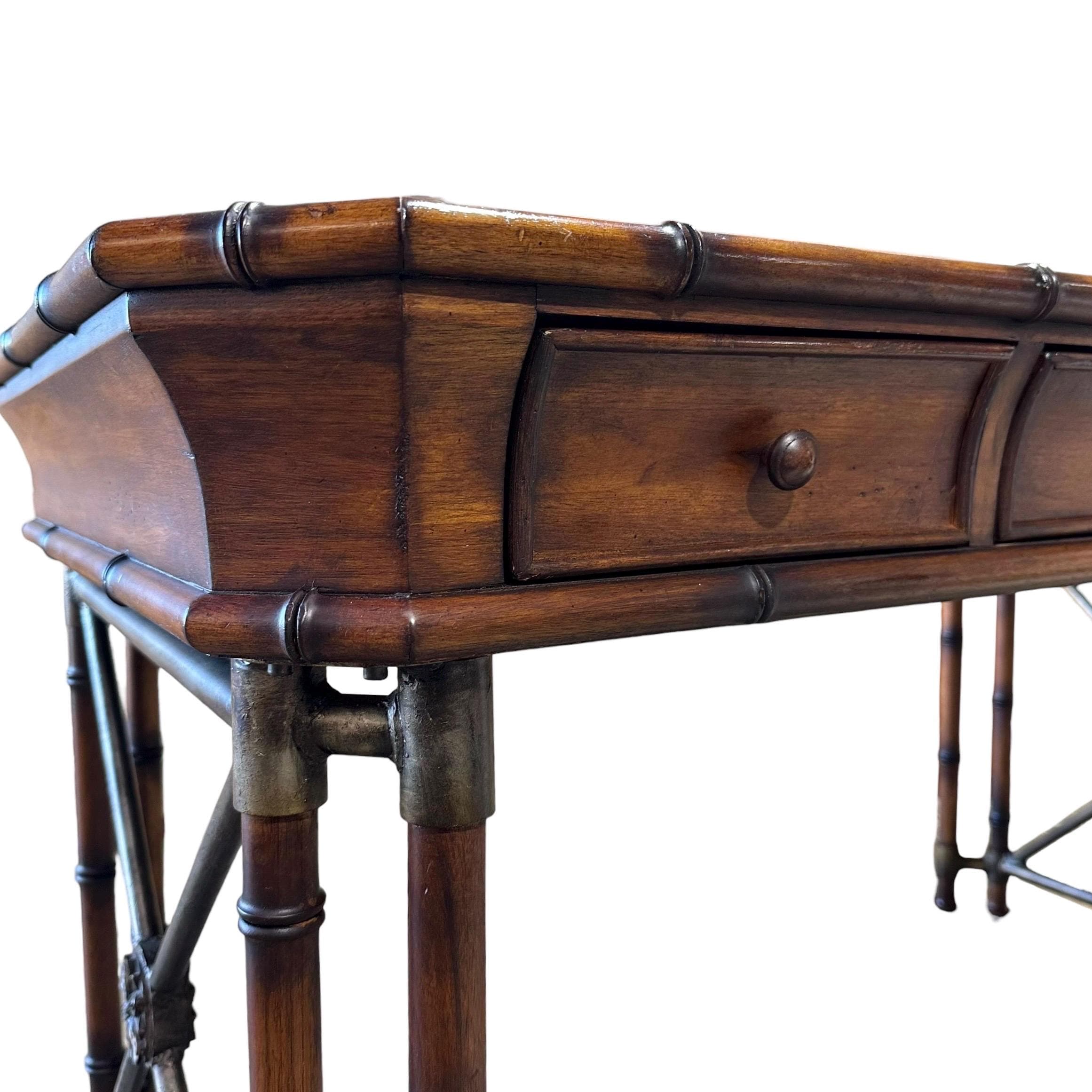 Faux Bamboo Desk by Hooker Furniture - Chinoiserie Burl Wood & Iron Writing Table Hollywood Regency Coastal Office Furniture - Thumbnail 11