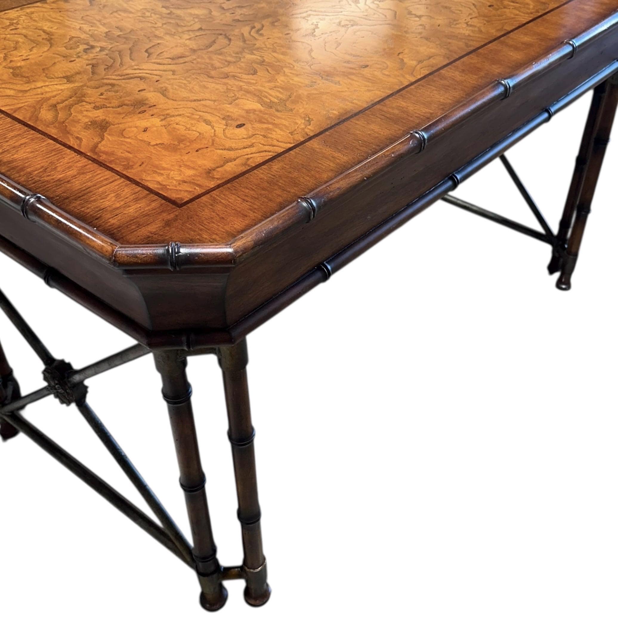 Faux Bamboo Desk by Hooker Furniture - Chinoiserie Burl Wood & Iron Writing Table Hollywood Regency Coastal Office Furniture - Thumbnail 19
