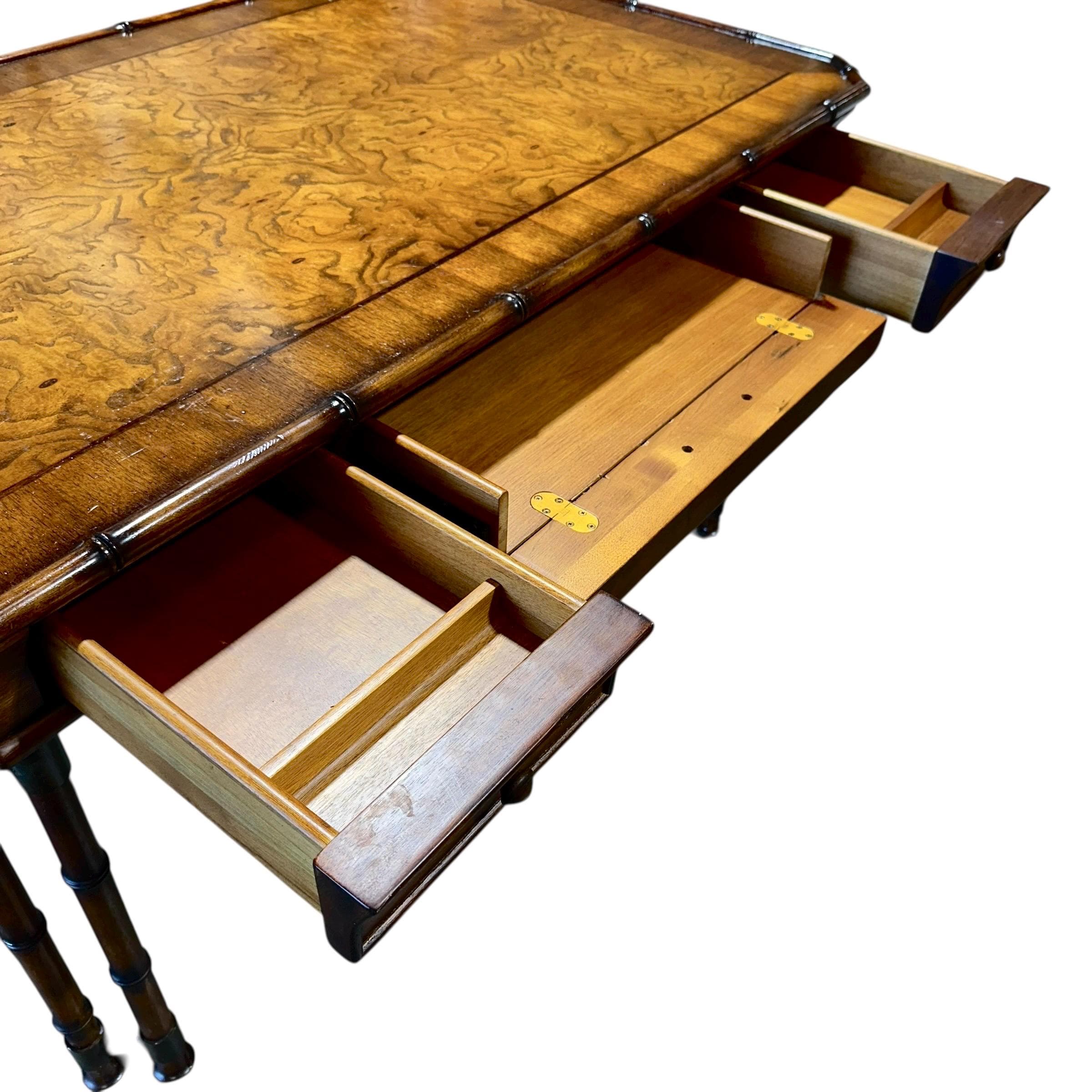 Faux Bamboo Desk by Hooker Furniture - Chinoiserie Burl Wood & Iron Writing Table Hollywood Regency Coastal Office Furniture - Thumbnail 13