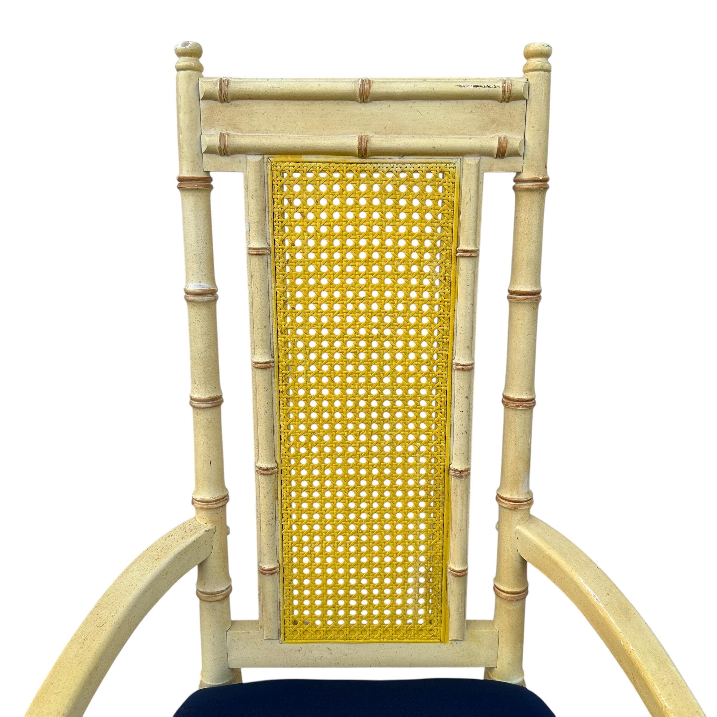 Faux Bamboo Dining Arm Chair - Vintage Wood & Rattan Cane Hollywood Regency Coastal Style - Thumbnail 2