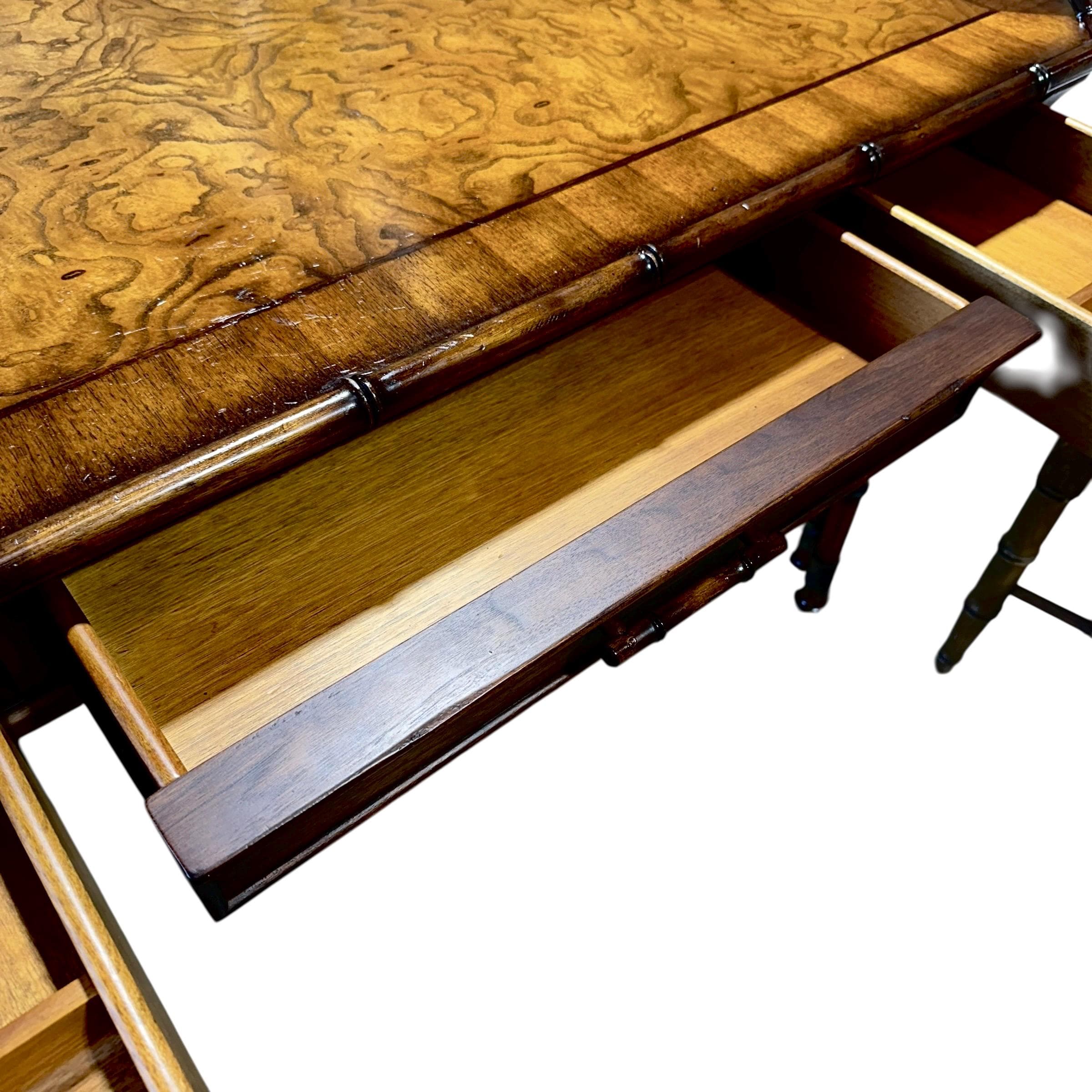 Faux Bamboo Desk by Hooker Furniture - Chinoiserie Burl Wood & Iron Writing Table Hollywood Regency Coastal Office Furniture - Thumbnail 14