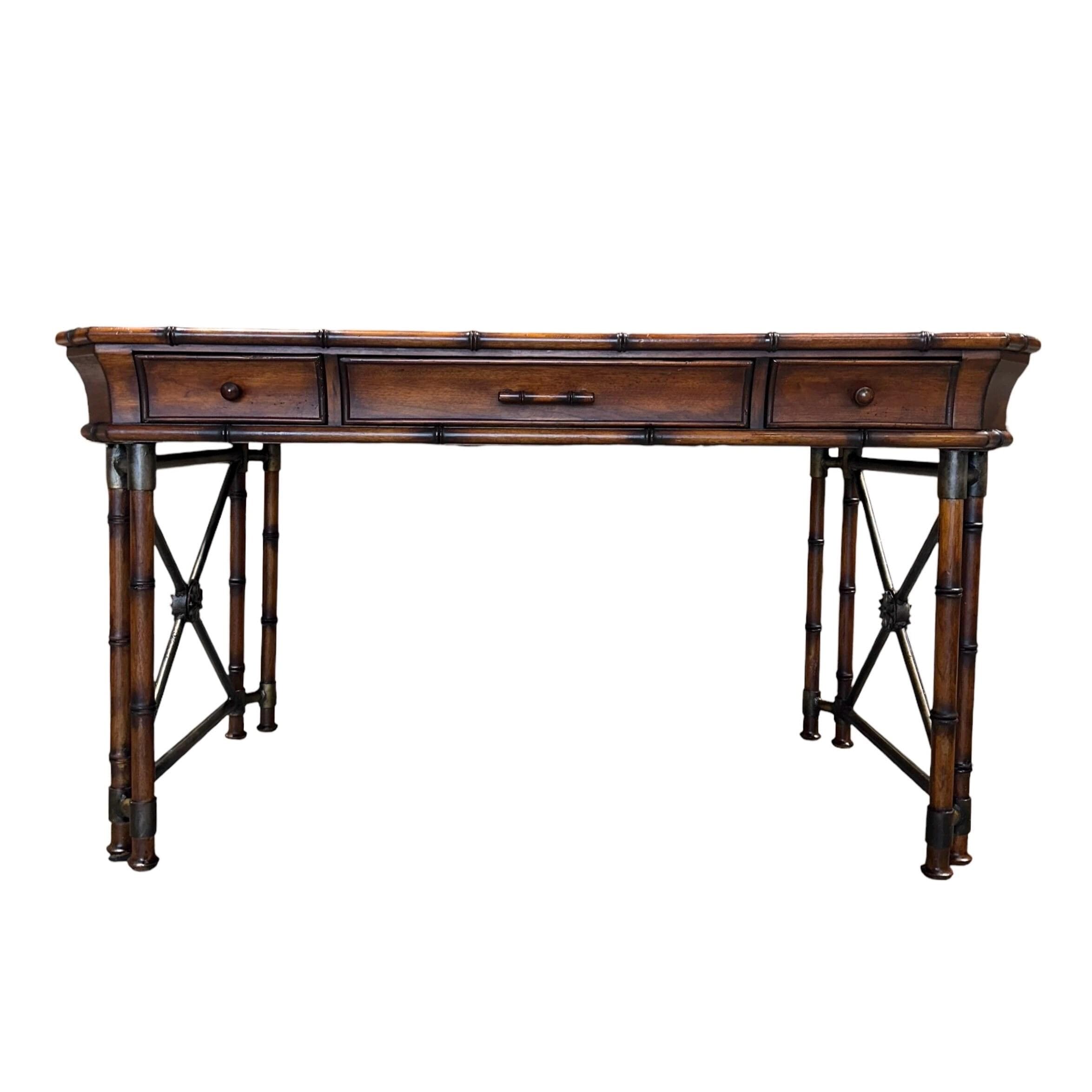 Faux Bamboo Desk by Hooker Furniture - Chinoiserie Burl Wood & Iron Writing Table Hollywood Regency Coastal Office Furniture - Thumbnail 20