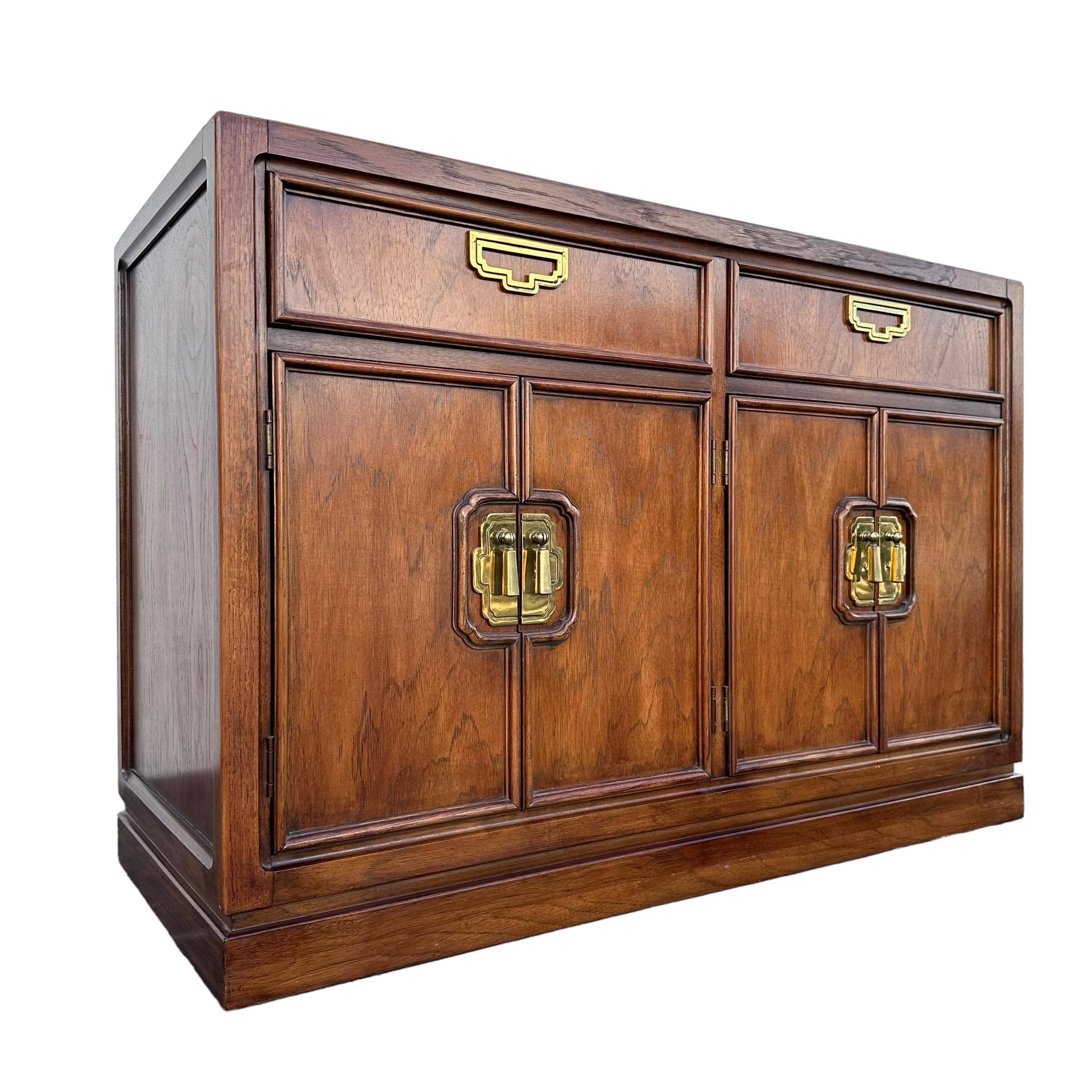 Vintage Chinoiserie Cabinet by Thomasville Mystique 44W 30H - Pecan Wood & Gold Brass Asian Accent Buffet Server Sideboard Table Nightstand - Image 1