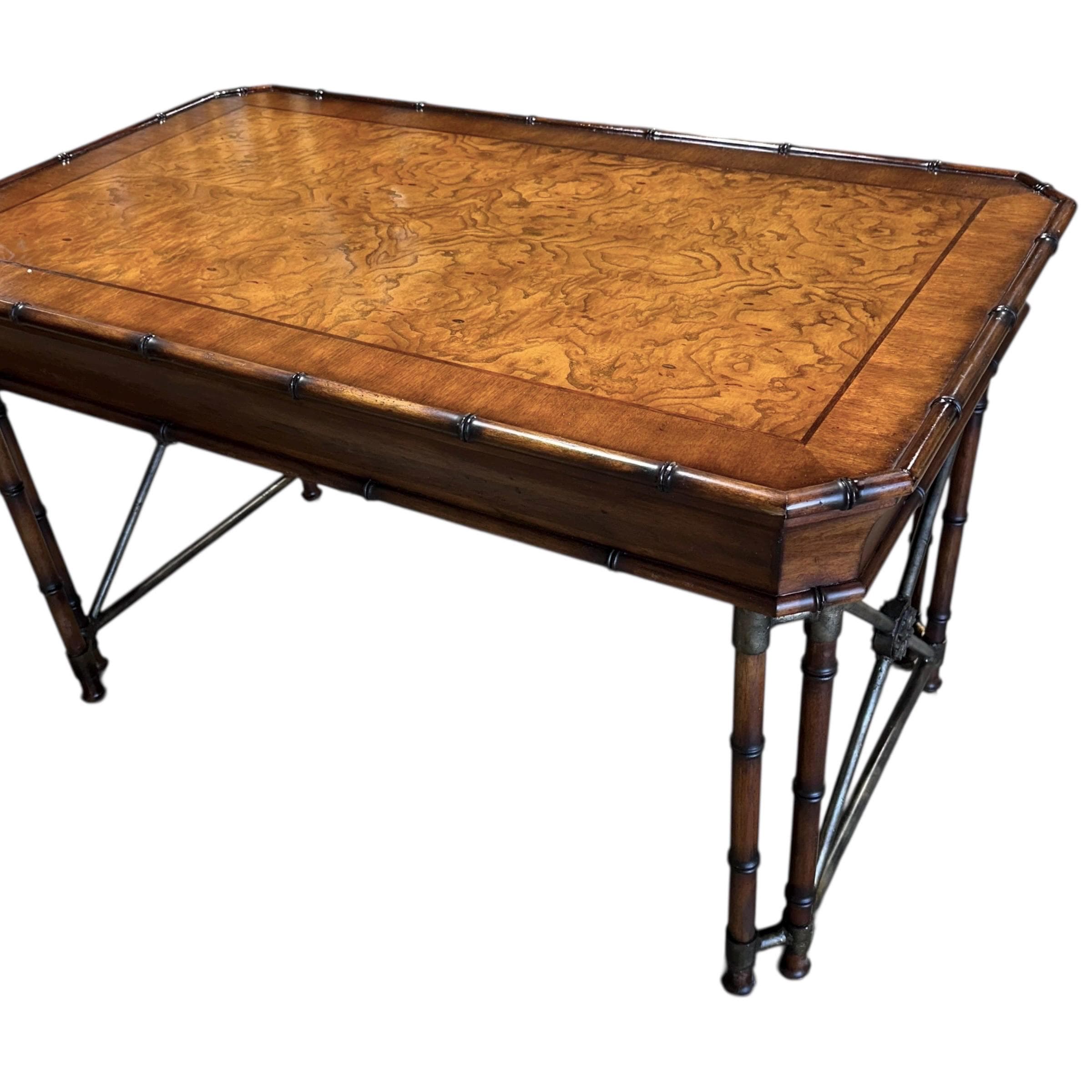Faux Bamboo Desk by Hooker Furniture - Chinoiserie Burl Wood & Iron Writing Table Hollywood Regency Coastal Office Furniture - Thumbnail 18