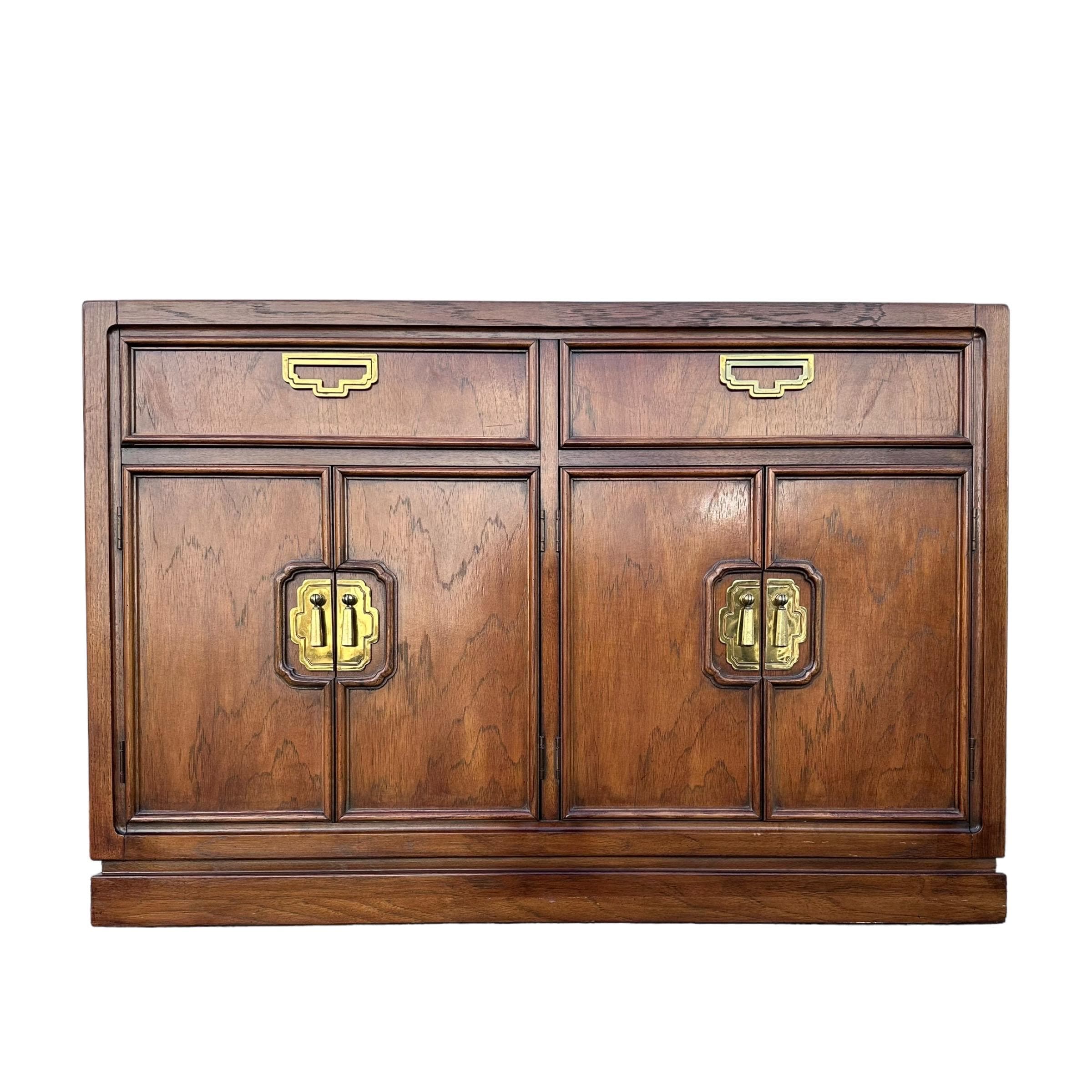 Vintage Chinoiserie Cabinet by Thomasville Mystique 44W 30H - Pecan Wood & Gold Brass Asian Accent Buffet Server Sideboard Table Nightstand - Thumbnail 2