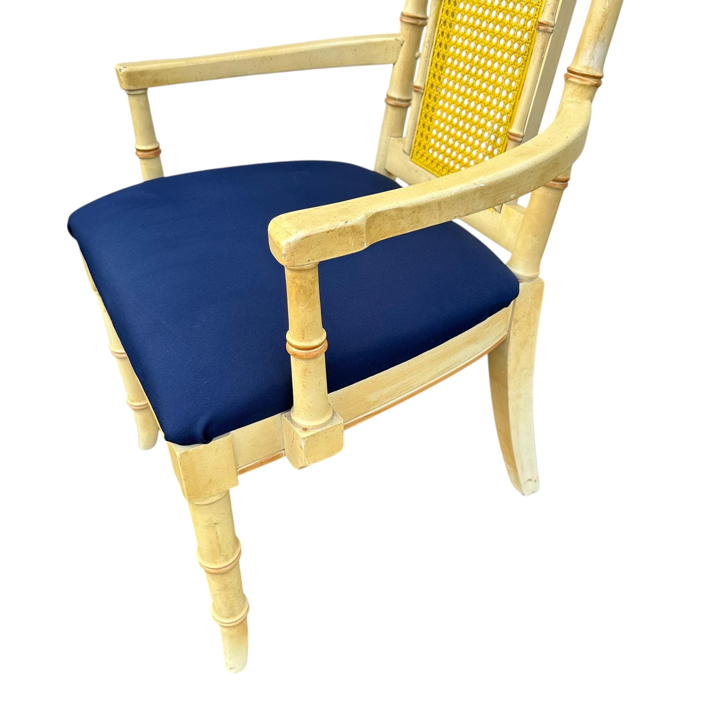 Faux Bamboo Dining Arm Chair - Vintage Wood & Rattan Cane Hollywood Regency Coastal Style - Thumbnail 4