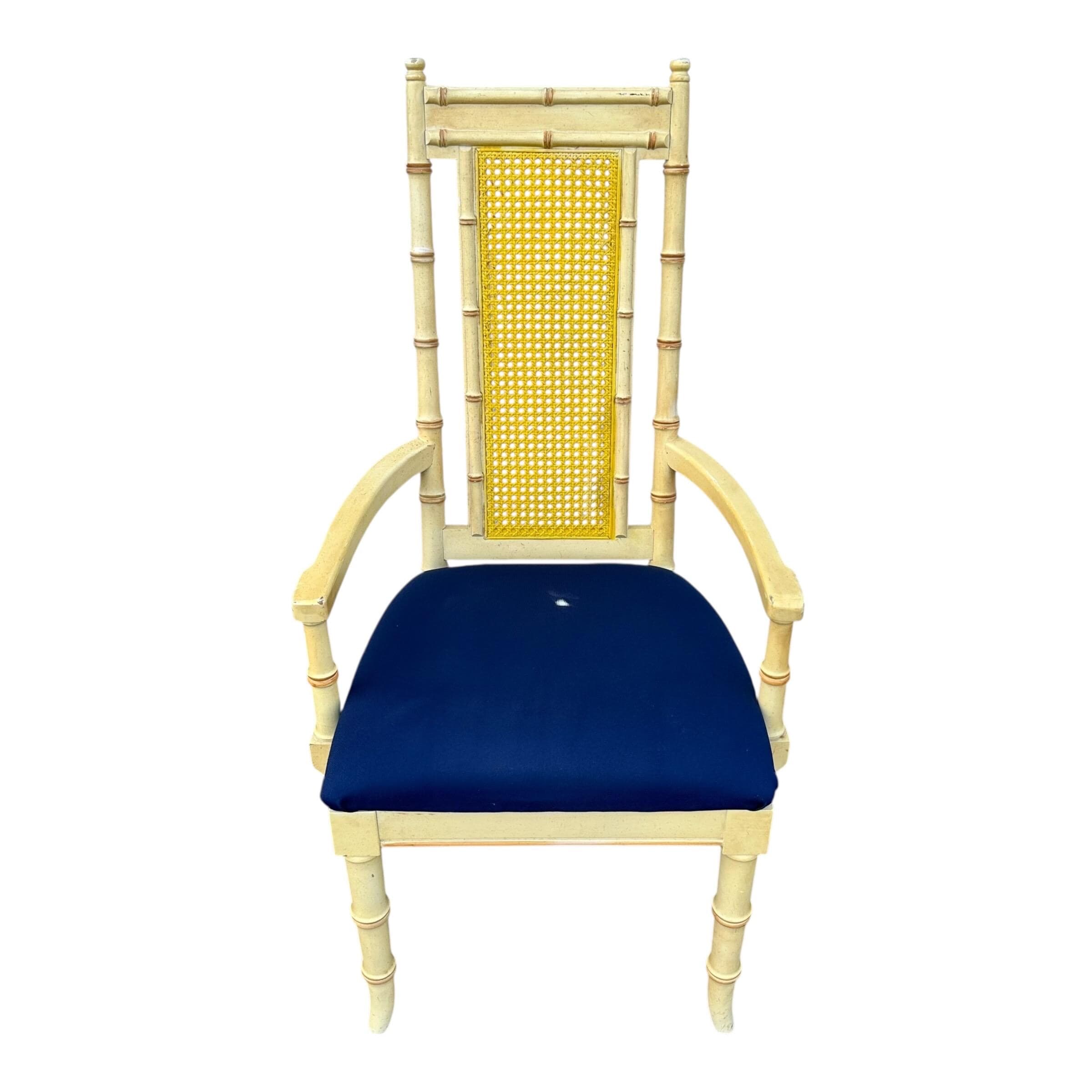 Faux Bamboo Dining Arm Chair - Vintage Wood & Rattan Cane Hollywood Regency Coastal Style - Thumbnail 7