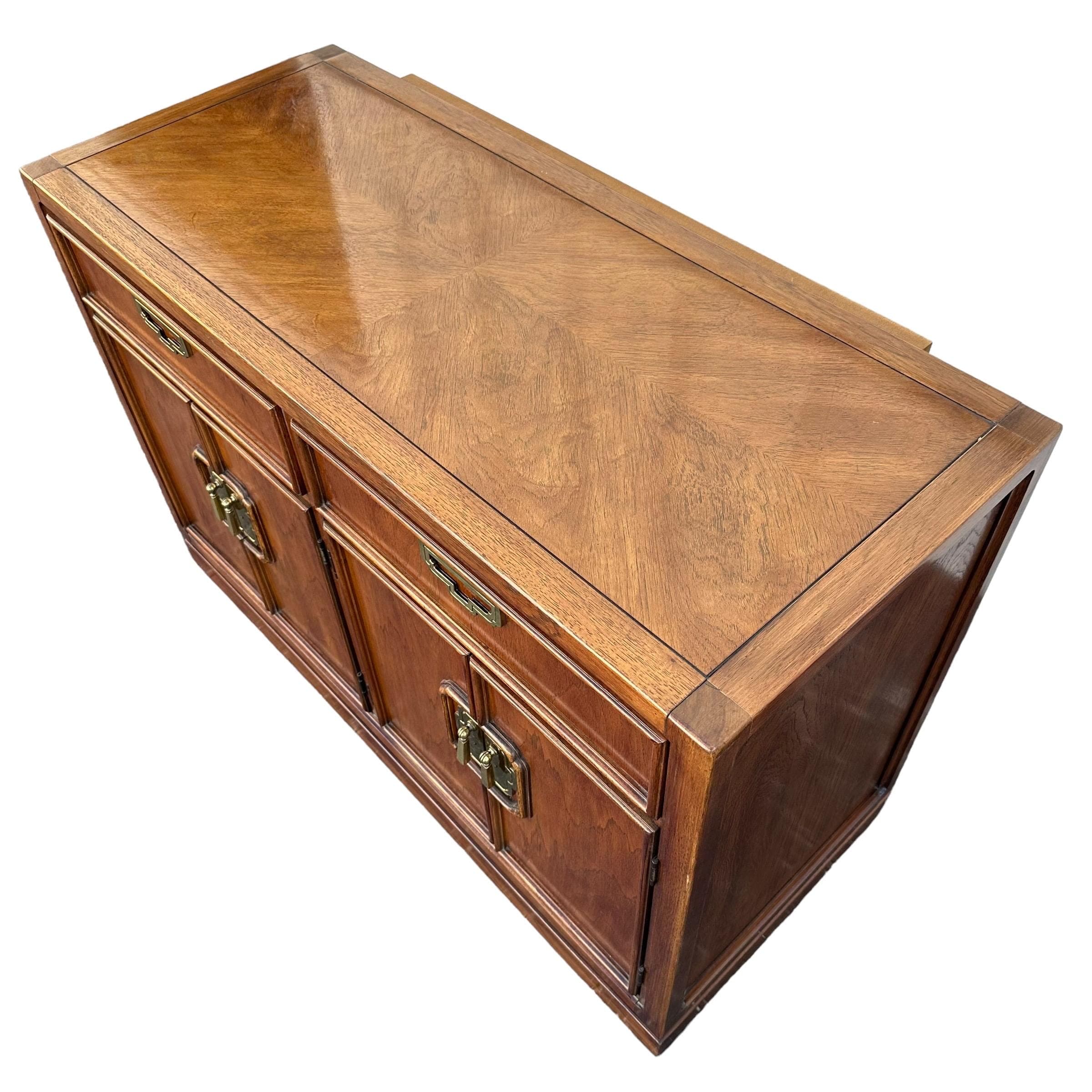 Vintage Chinoiserie Cabinet by Thomasville Mystique 44W 30H - Pecan Wood & Gold Brass Asian Accent Buffet Server Sideboard Table Nightstand - Thumbnail 5