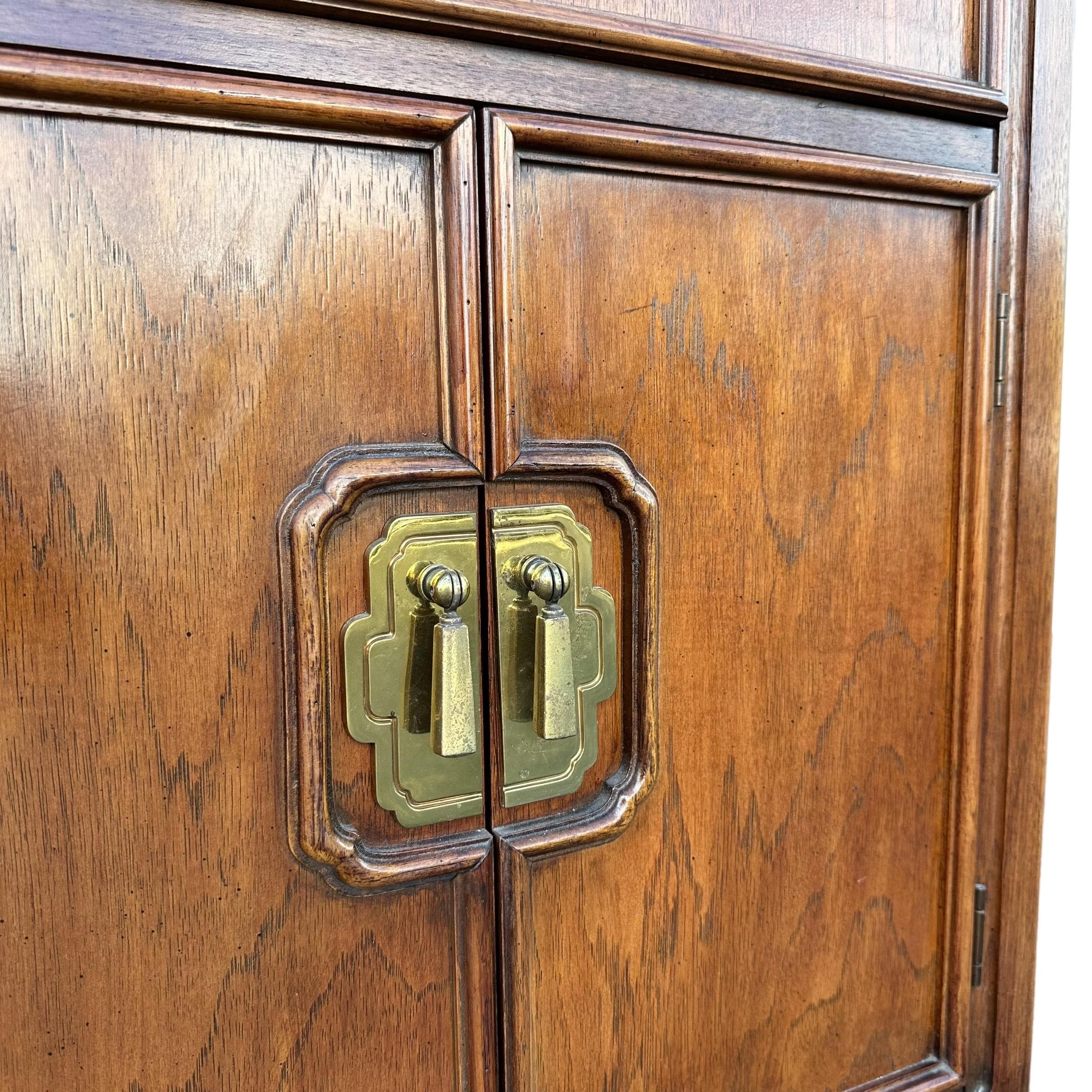 Vintage Chinoiserie Cabinet by Thomasville Mystique 44W 30H - Pecan Wood & Gold Brass Asian Accent Buffet Server Sideboard Table Nightstand - Thumbnail 8