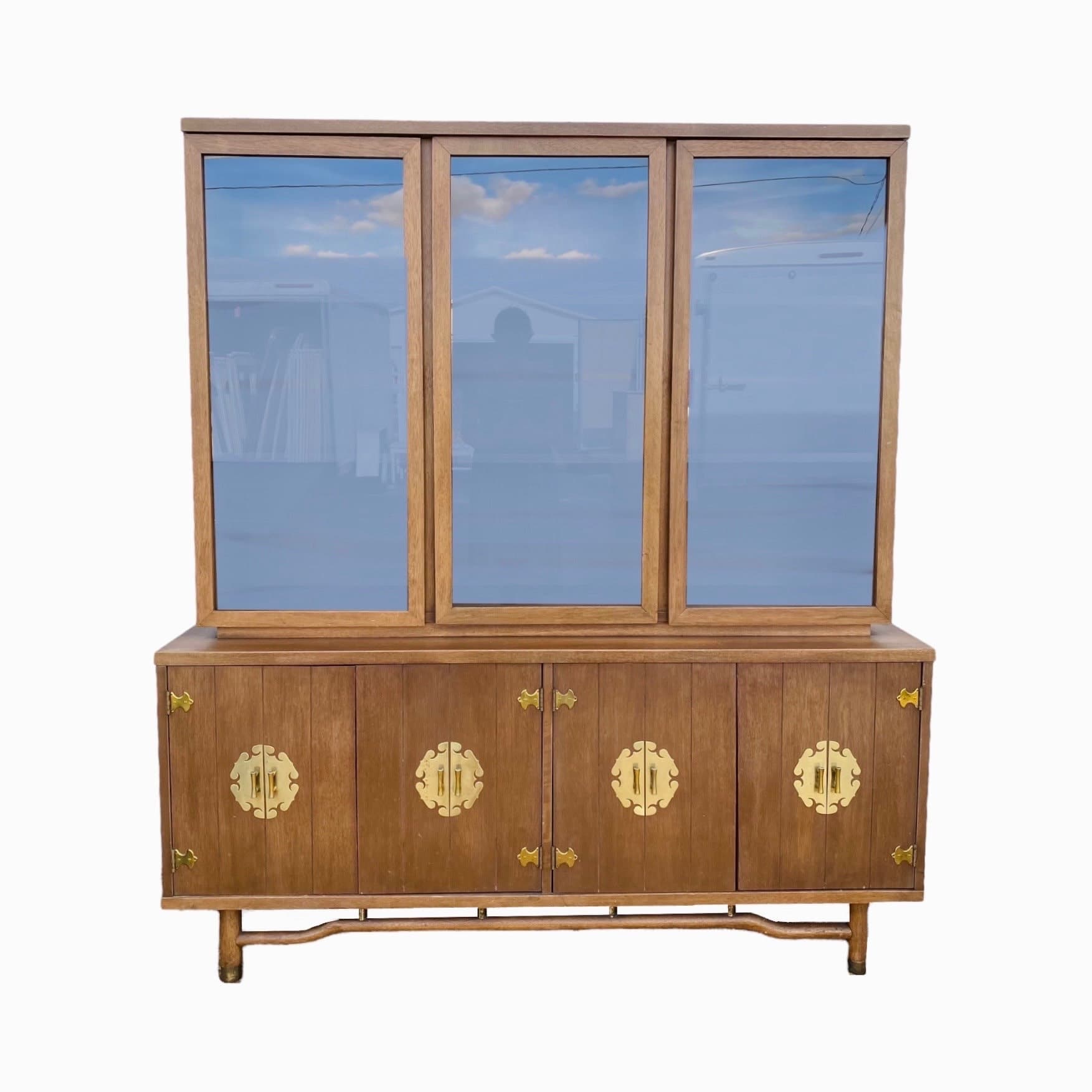 Chinoiserie China Cabinet with Asian Style Brass Hardware, Wood & Glass Display Hutch - Vintage Mid-Century Modern MCM Furniture - Image 1