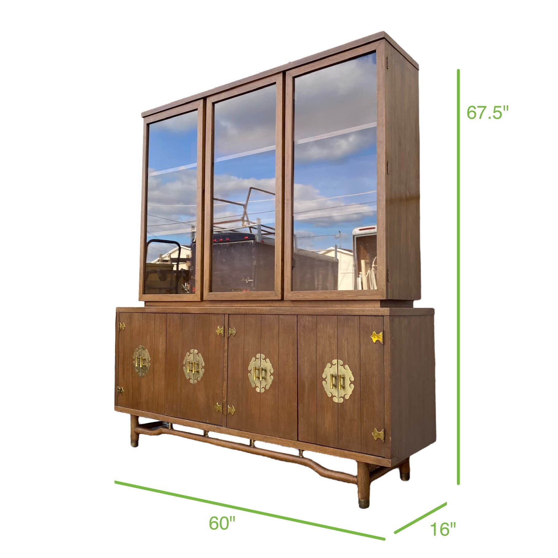 Chinoiserie China Cabinet with Asian Style Brass Hardware, Wood & Glass Display Hutch - Vintage Mid-Century Modern MCM Furniture - Thumbnail 10