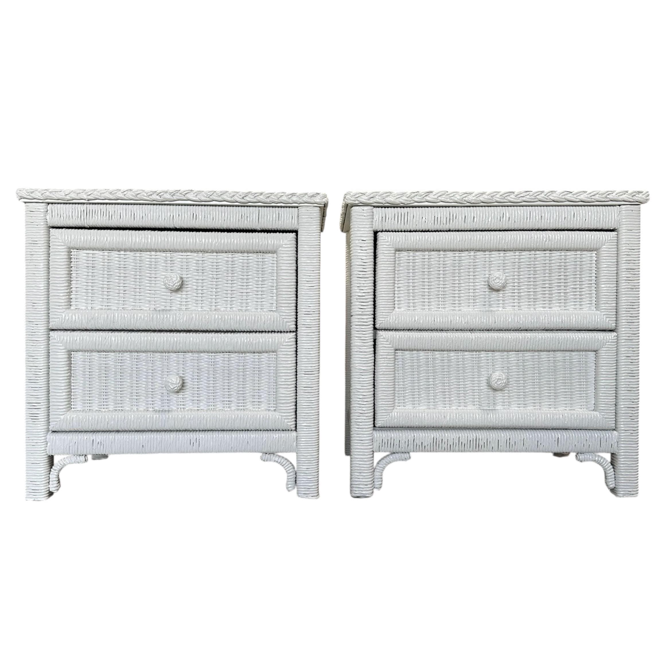 White Wicker Nightstands by Henry Link - Set of 2 Vintage Painted Wrapped Rattan Coastal Boho Chic End Tables Pair - Image 1