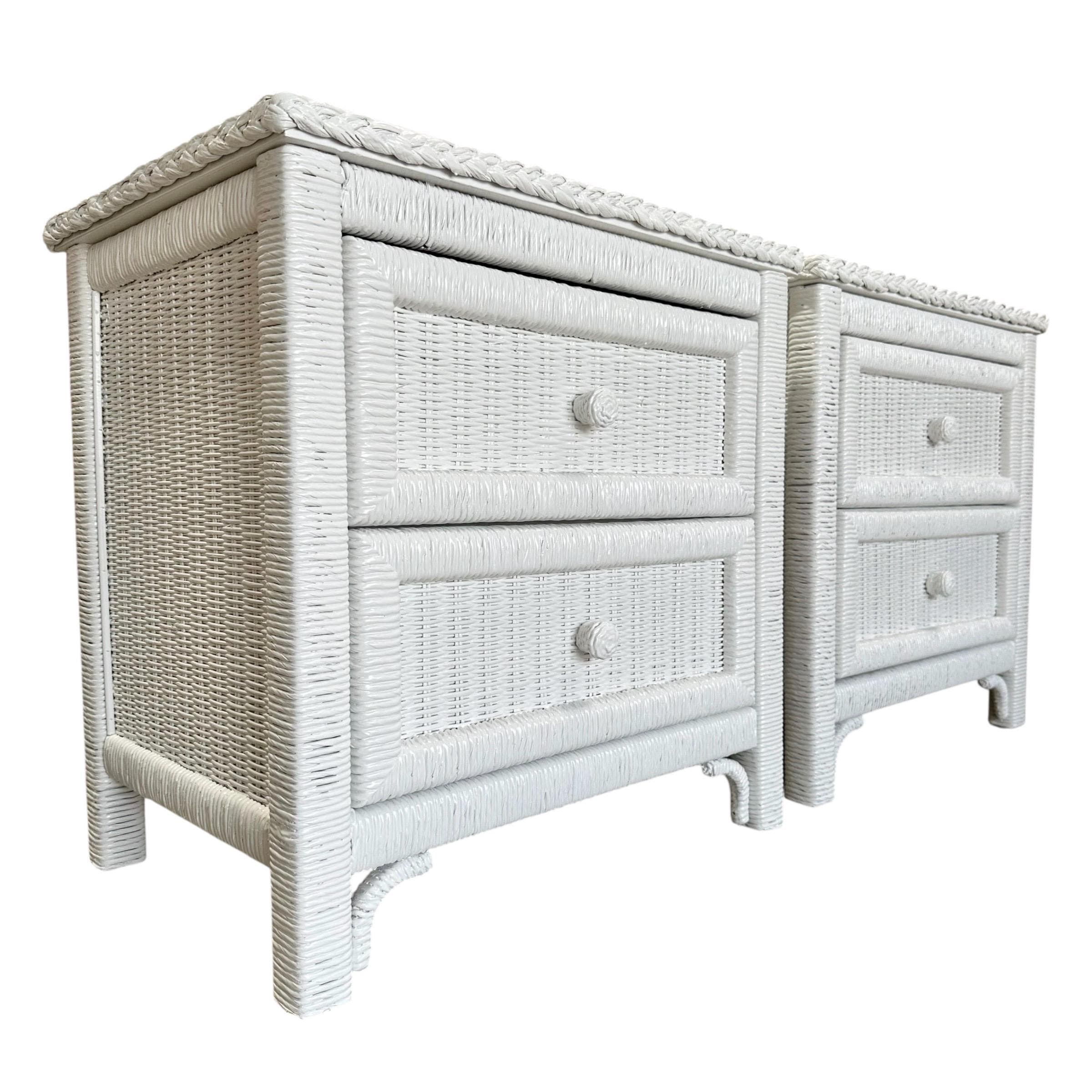 White Wicker Nightstands by Henry Link - Set of 2 Vintage Painted Wrapped Rattan Coastal Boho Chic End Tables Pair - Thumbnail 2