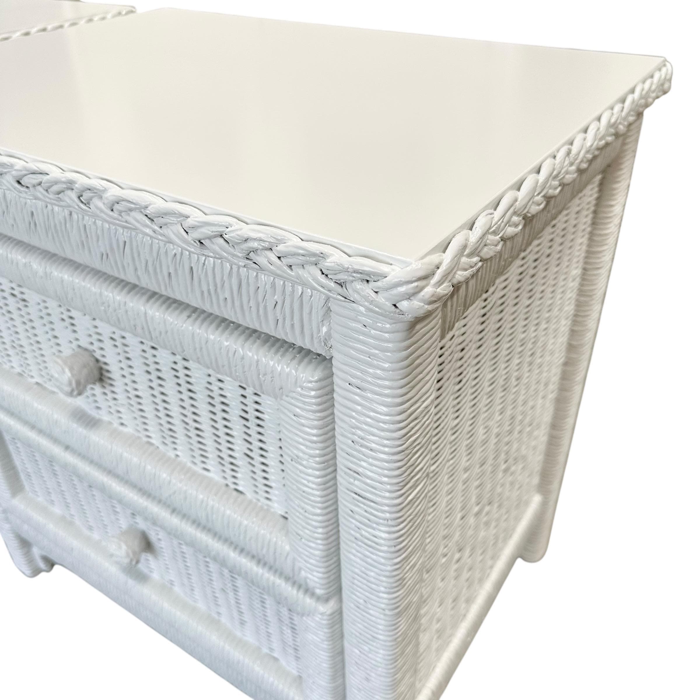 White Wicker Nightstands by Henry Link - Set of 2 Vintage Painted Wrapped Rattan Coastal Boho Chic End Tables Pair - Thumbnail 8