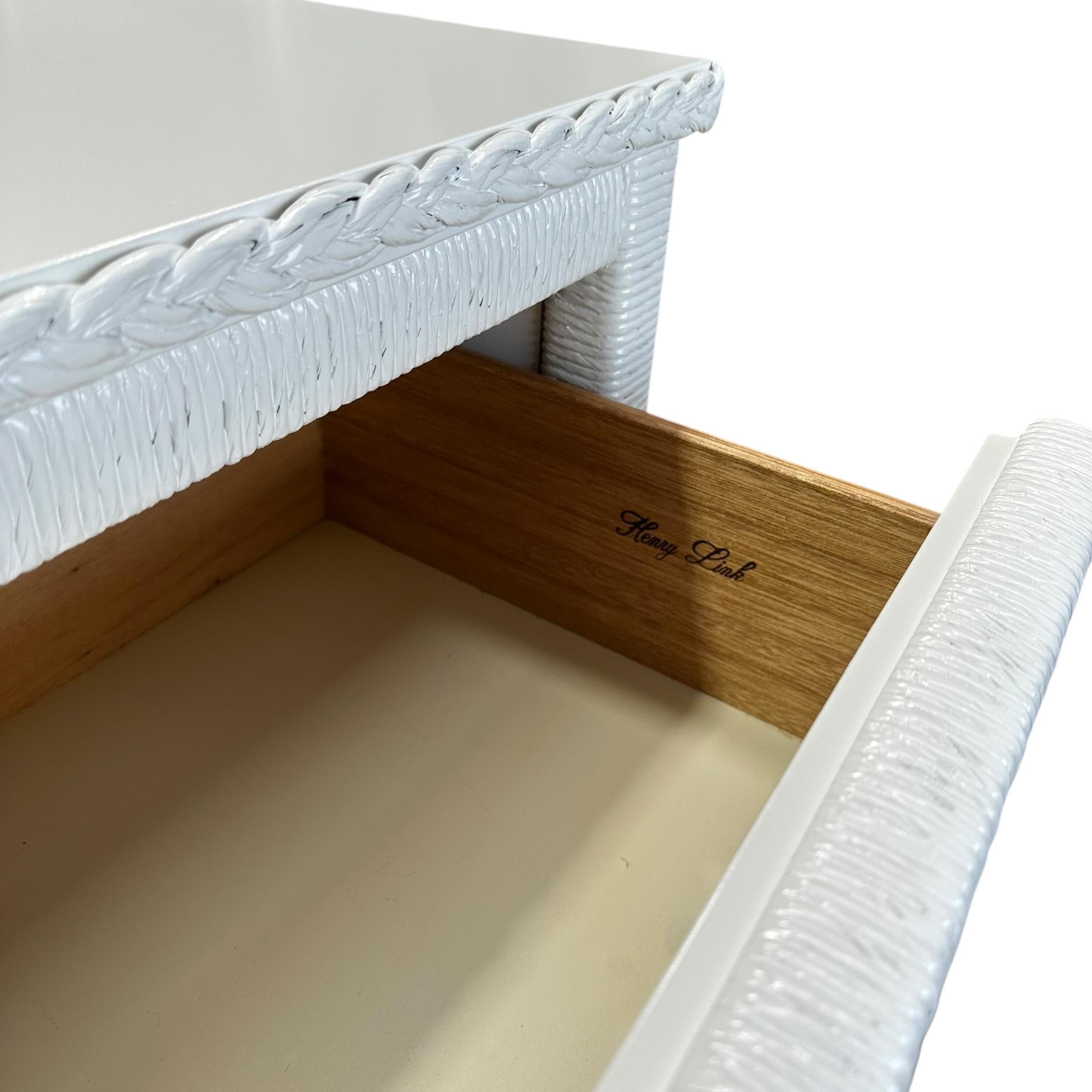 White Wicker Nightstands by Henry Link - Set of 2 Vintage Painted Wrapped Rattan Coastal Boho Chic End Tables Pair - Thumbnail 7