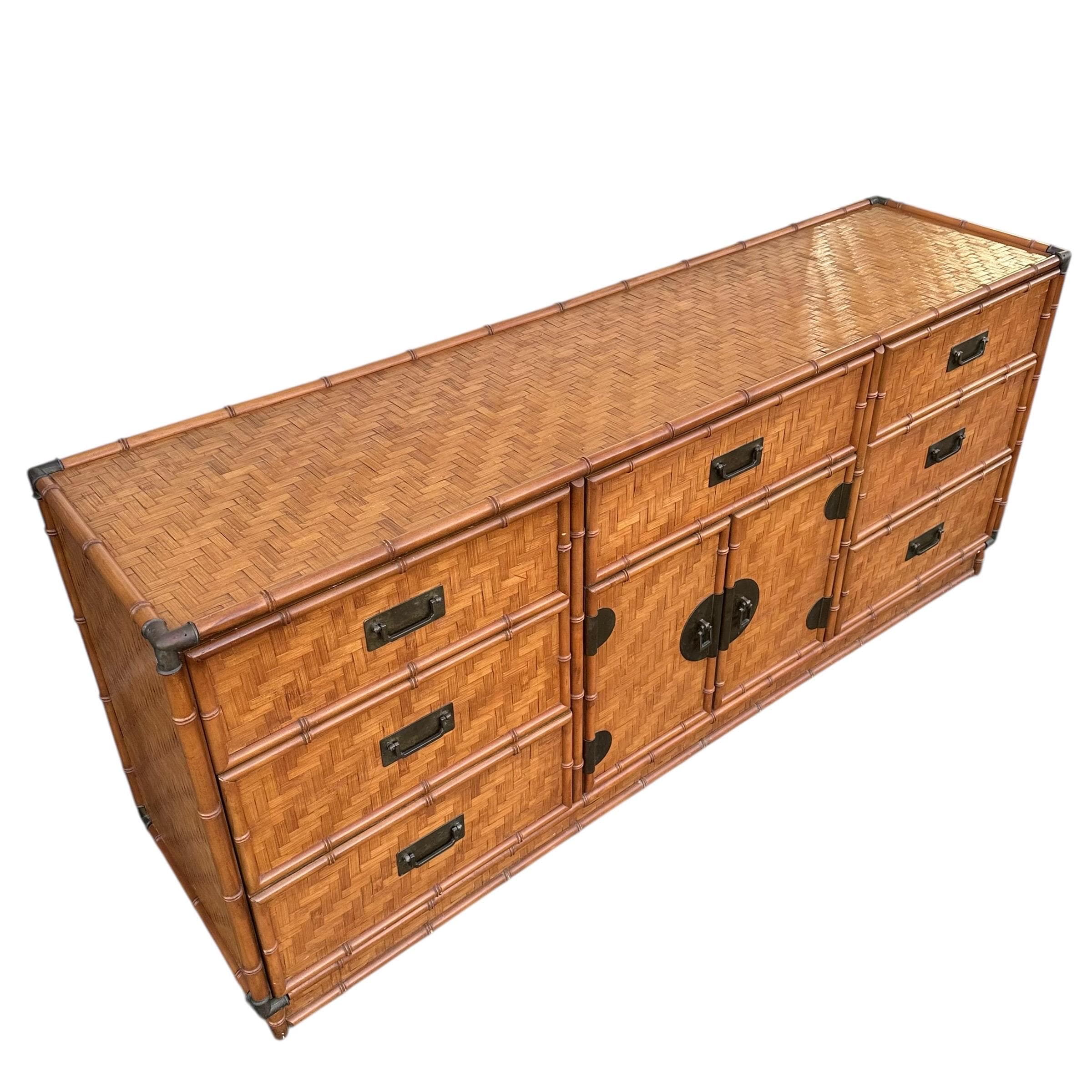 Rattan Dresser by Dixie with Faux Bamboo, Woven Herringbone Wicker & 9 Drawers - Vintage Campaign Hollywood Regency Coastal Style Furniture - Thumbnail 3