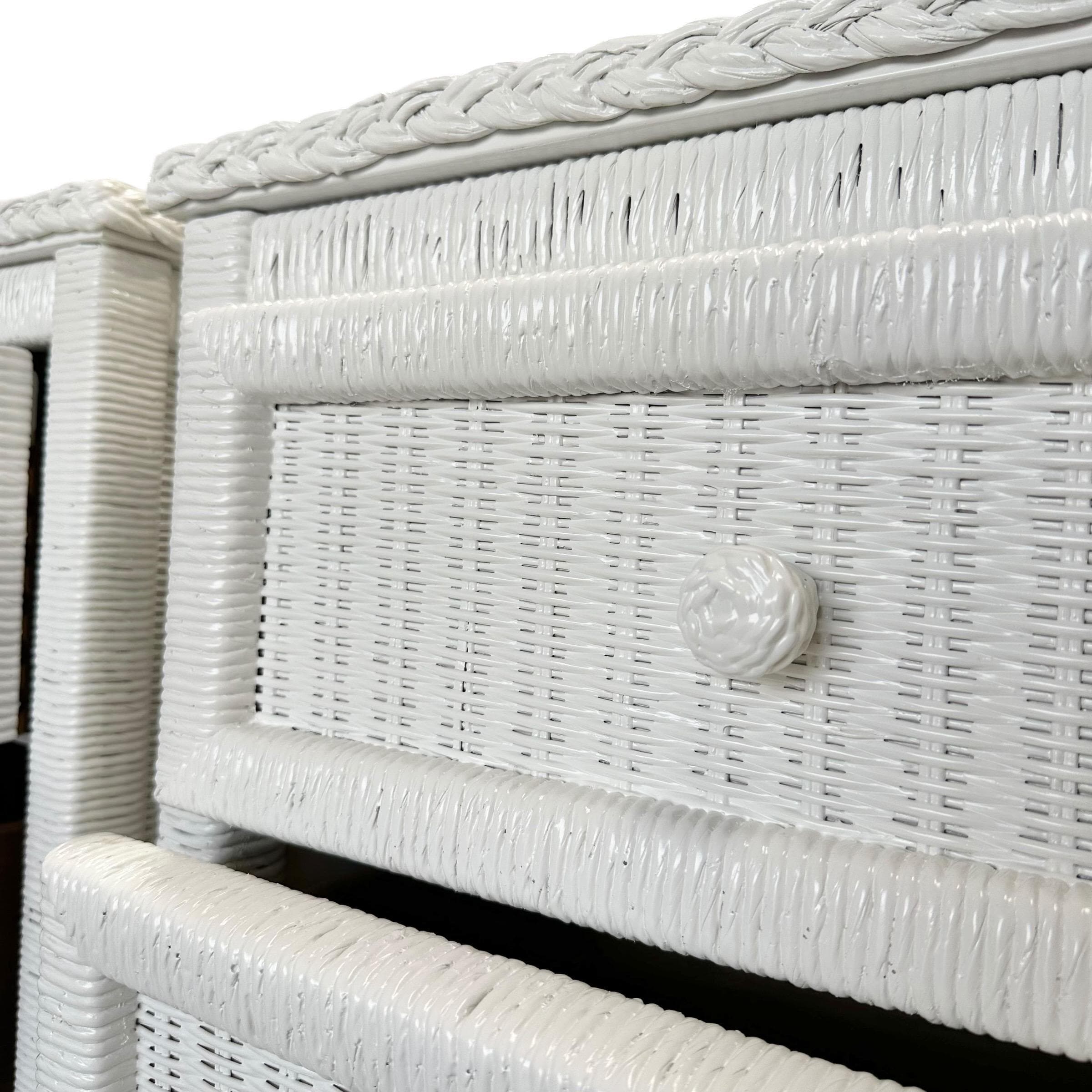White Wicker Nightstands by Henry Link - Set of 2 Vintage Painted Wrapped Rattan Coastal Boho Chic End Tables Pair - Thumbnail 3
