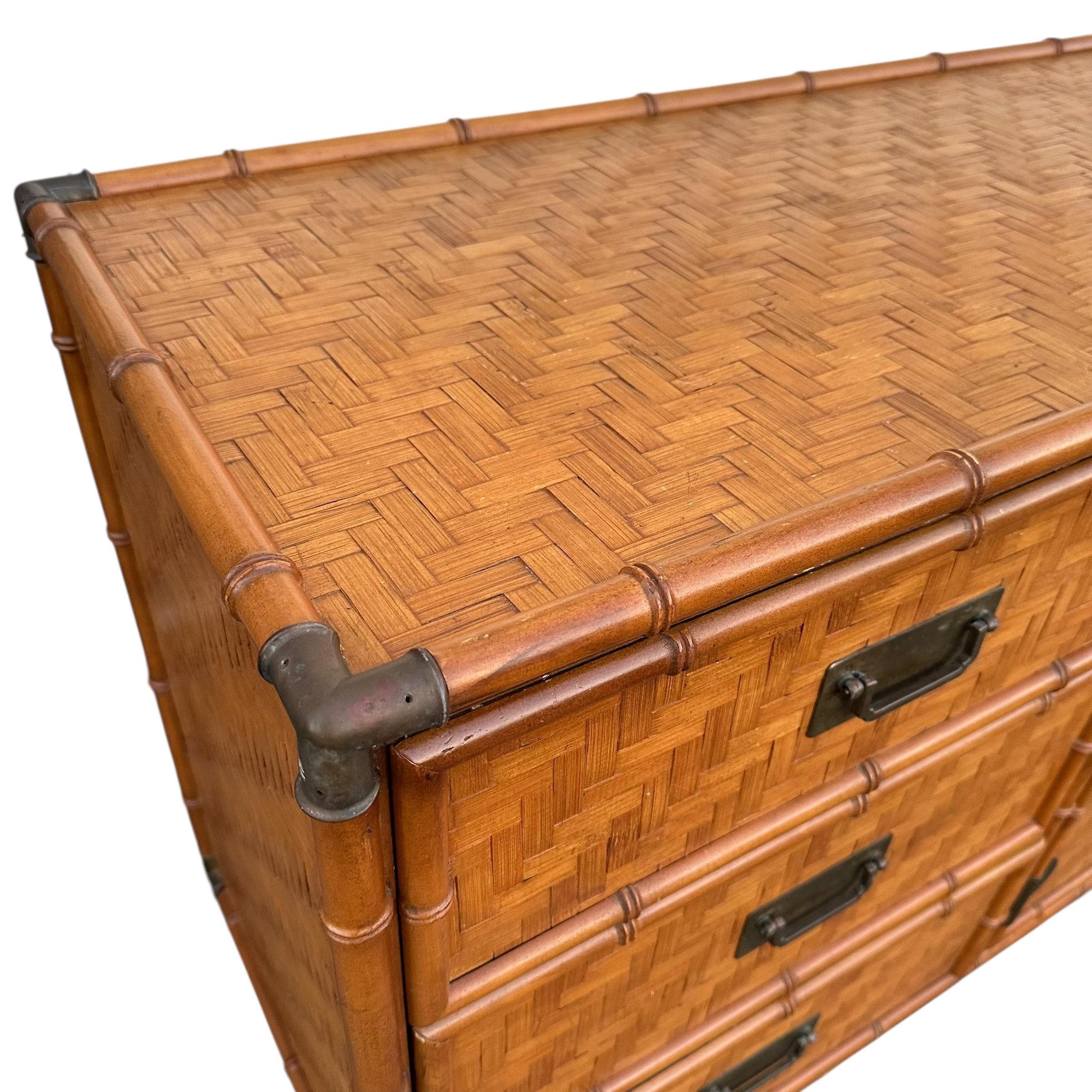 Rattan Dresser by Dixie with Faux Bamboo, Woven Herringbone Wicker & 9 Drawers - Vintage Campaign Hollywood Regency Coastal Style Furniture - Thumbnail 4