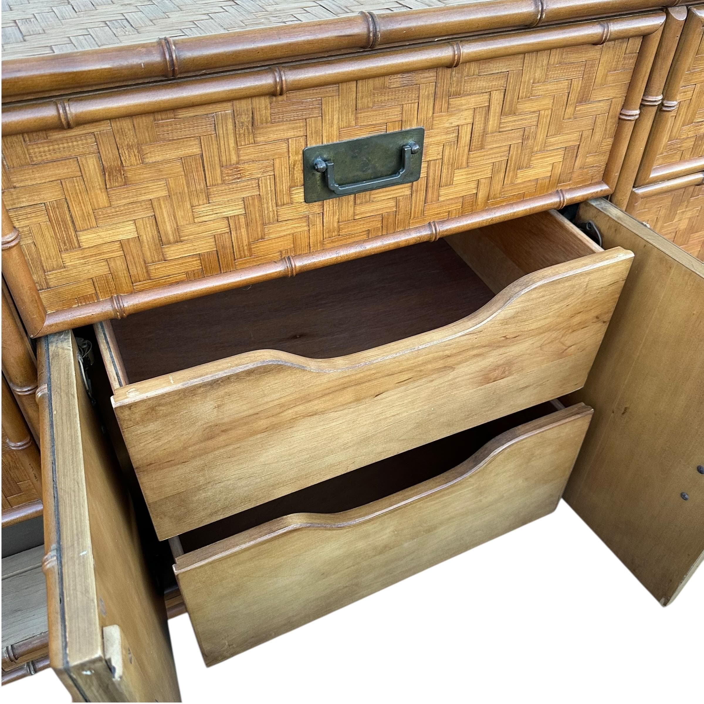 Rattan Dresser by Dixie with Faux Bamboo, Woven Herringbone Wicker & 9 Drawers - Vintage Campaign Hollywood Regency Coastal Style Furniture - Thumbnail 10