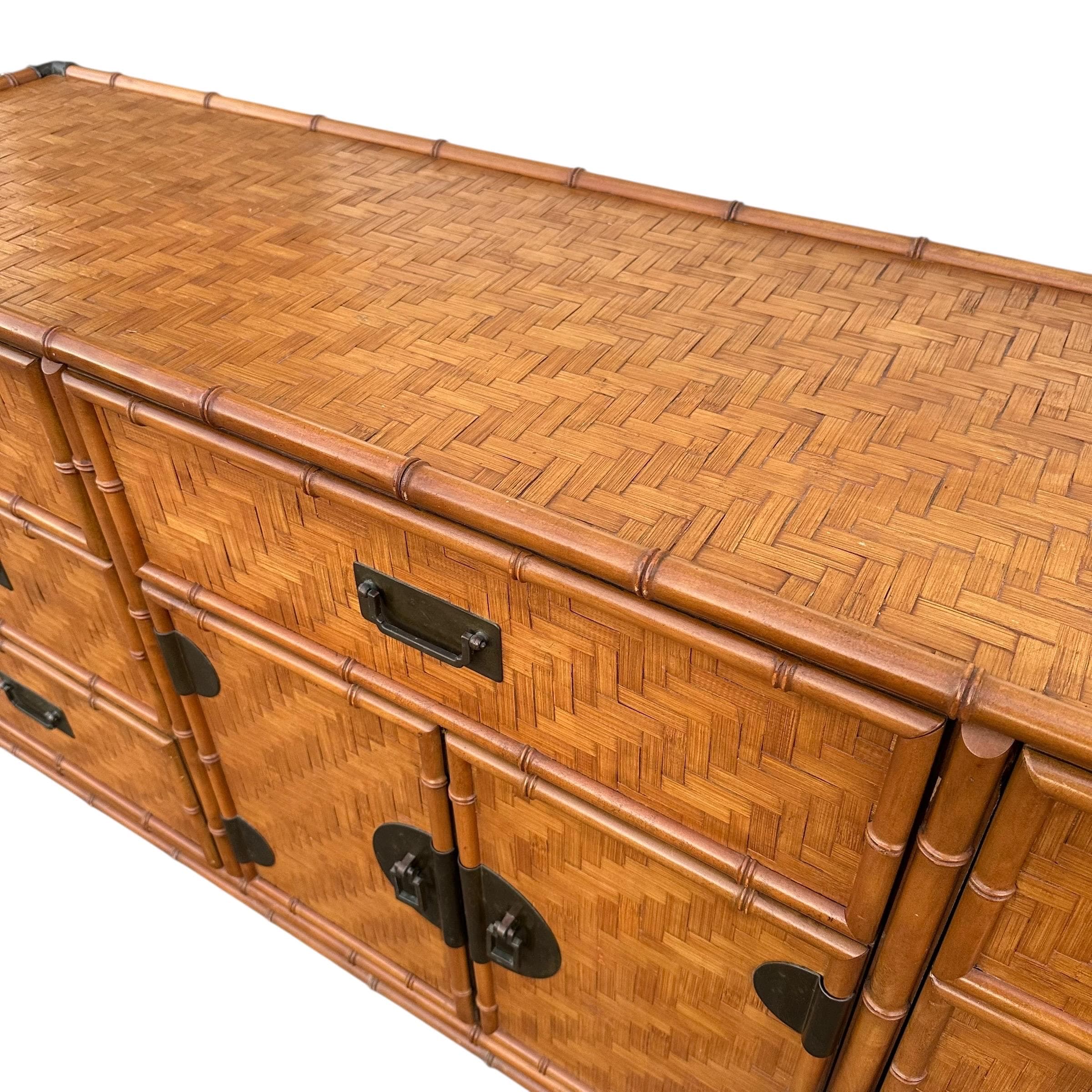 Rattan Dresser by Dixie with Faux Bamboo, Woven Herringbone Wicker & 9 Drawers - Vintage Campaign Hollywood Regency Coastal Style Furniture - Thumbnail 6