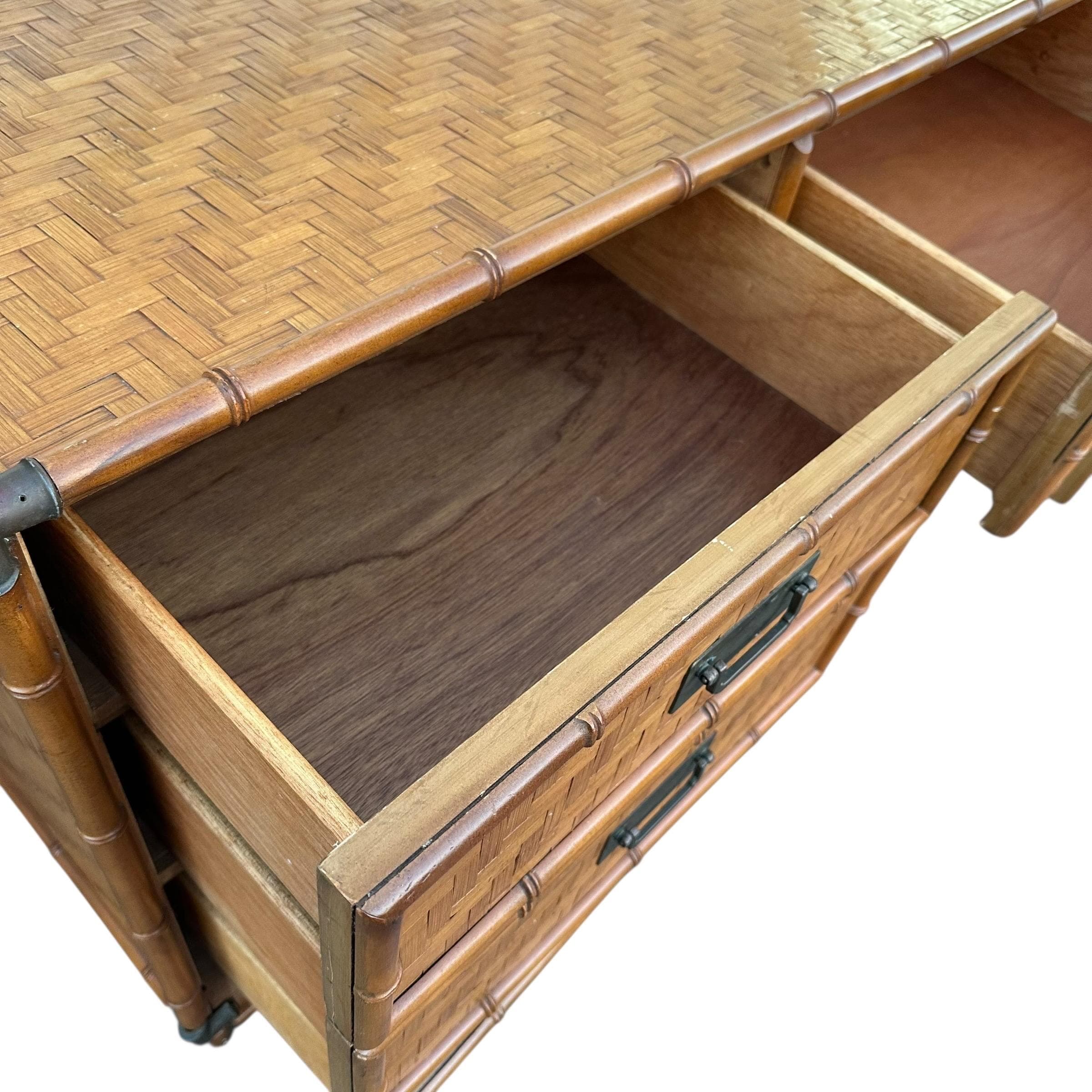 Rattan Dresser by Dixie with Faux Bamboo, Woven Herringbone Wicker & 9 Drawers - Vintage Campaign Hollywood Regency Coastal Style Furniture - Thumbnail 12