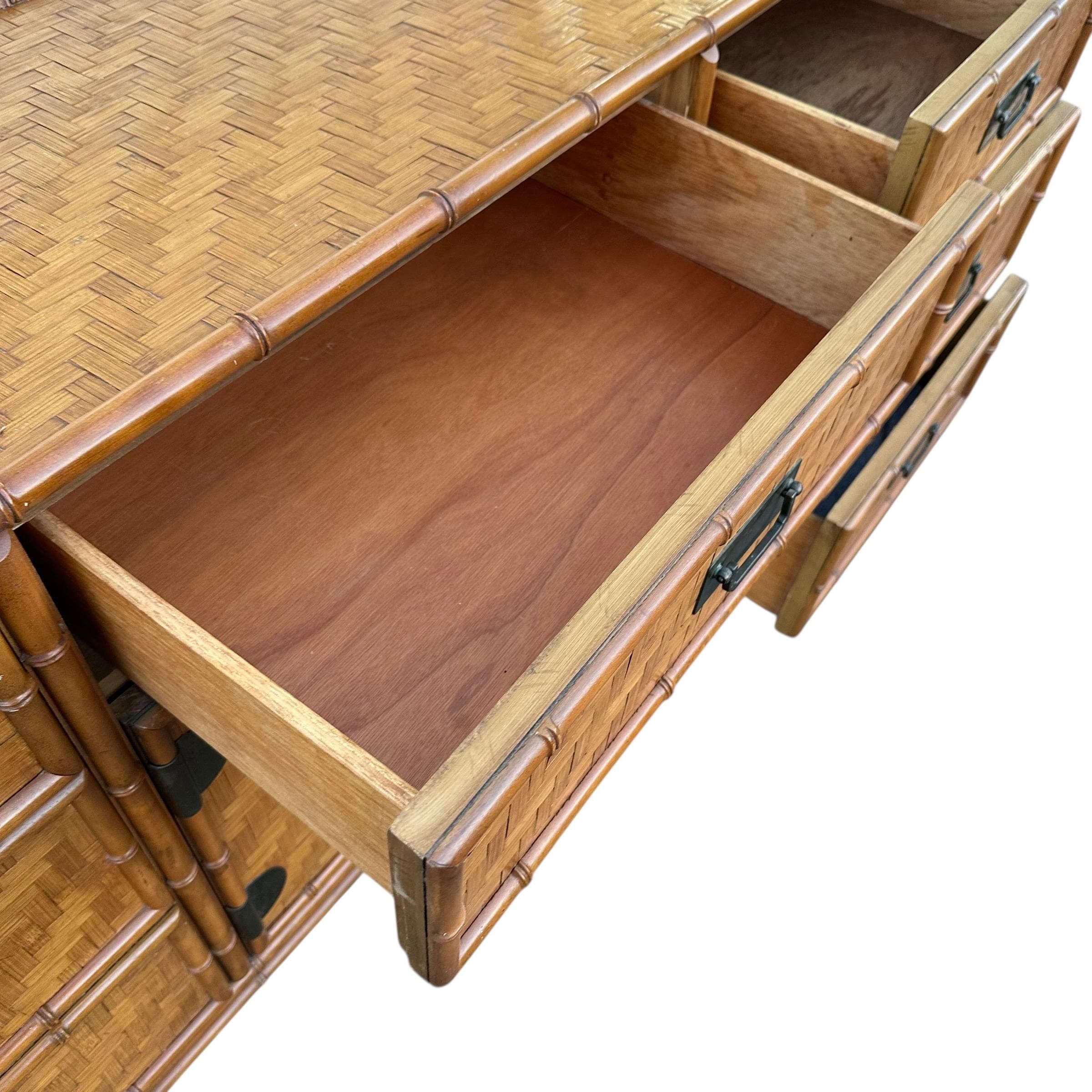 Rattan Dresser by Dixie with Faux Bamboo, Woven Herringbone Wicker & 9 Drawers - Vintage Campaign Hollywood Regency Coastal Style Furniture - Thumbnail 13