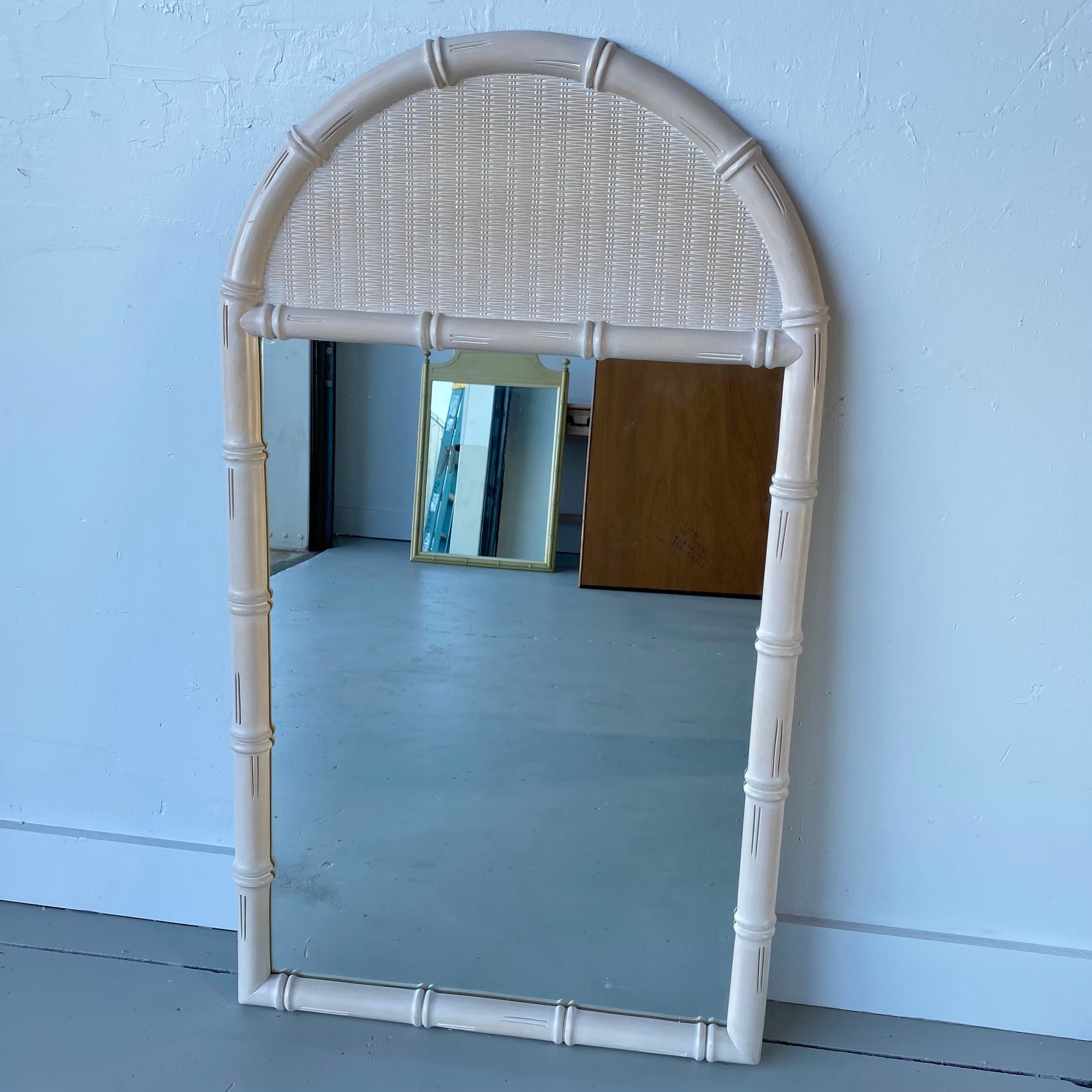 Faux Bamboo & Wicker Mirror 51x29 LOCAL PICKUP Vintage Broyhill Rounded Whitewash Coastal Hollywood Regency Style - Thumbnail 7