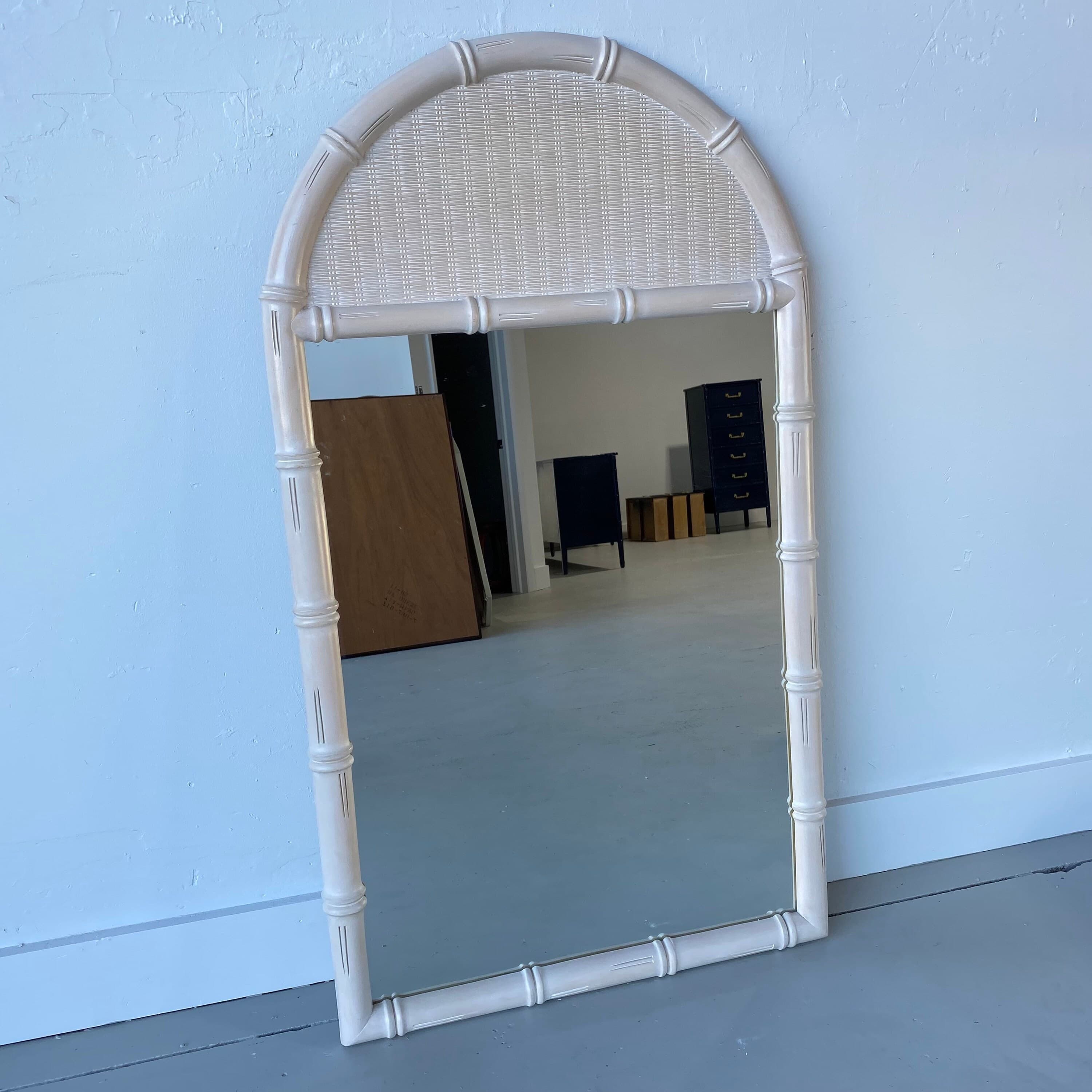 Faux Bamboo & Wicker Mirror 51x29 LOCAL PICKUP Vintage Broyhill Rounded Whitewash Coastal Hollywood Regency Style - Thumbnail 6