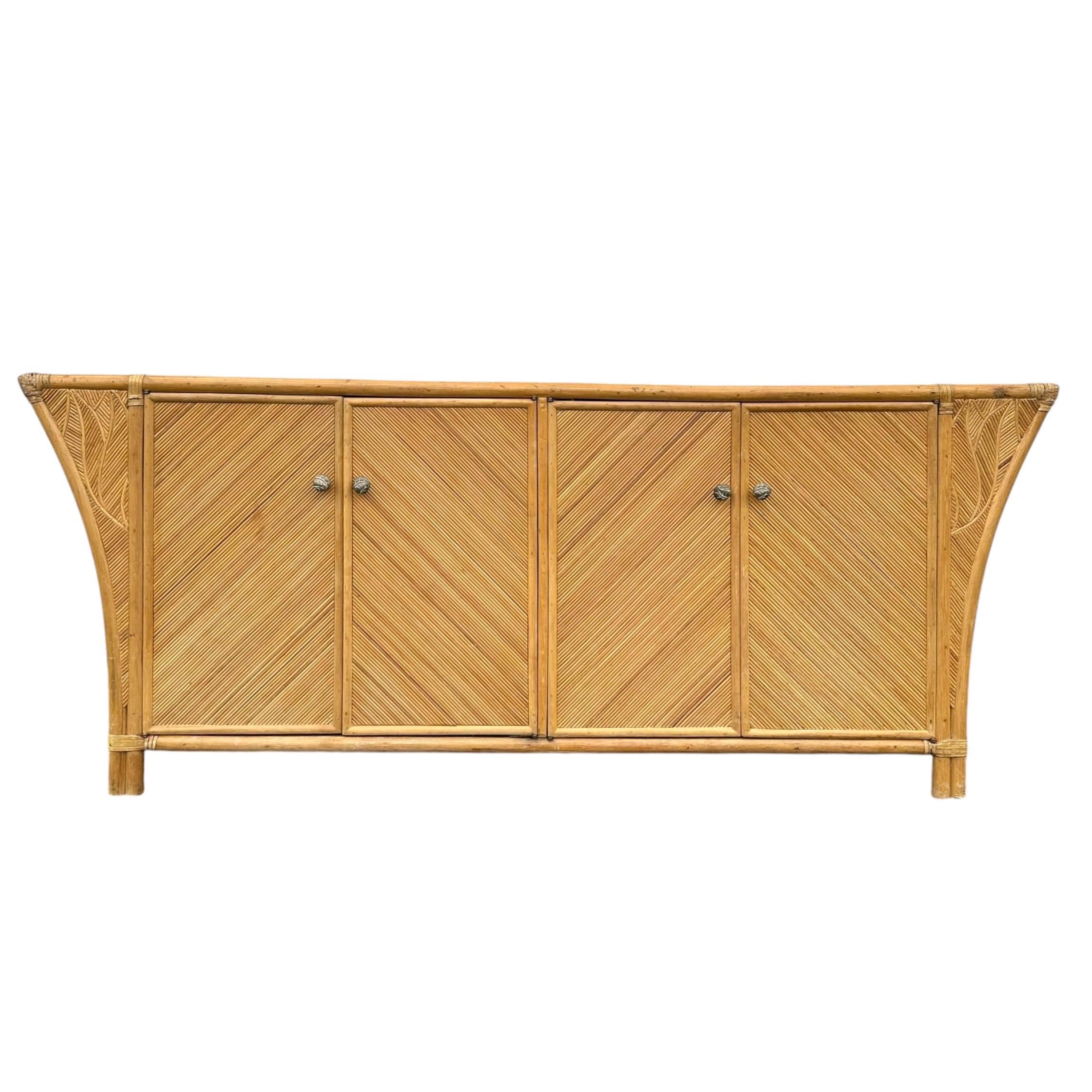 Bamboo Sideboard with Sculptural Winged Sides and Geometric Split Reed Details 72” Long - Vintage Coastal Rattan Wood Credenza - Image 1