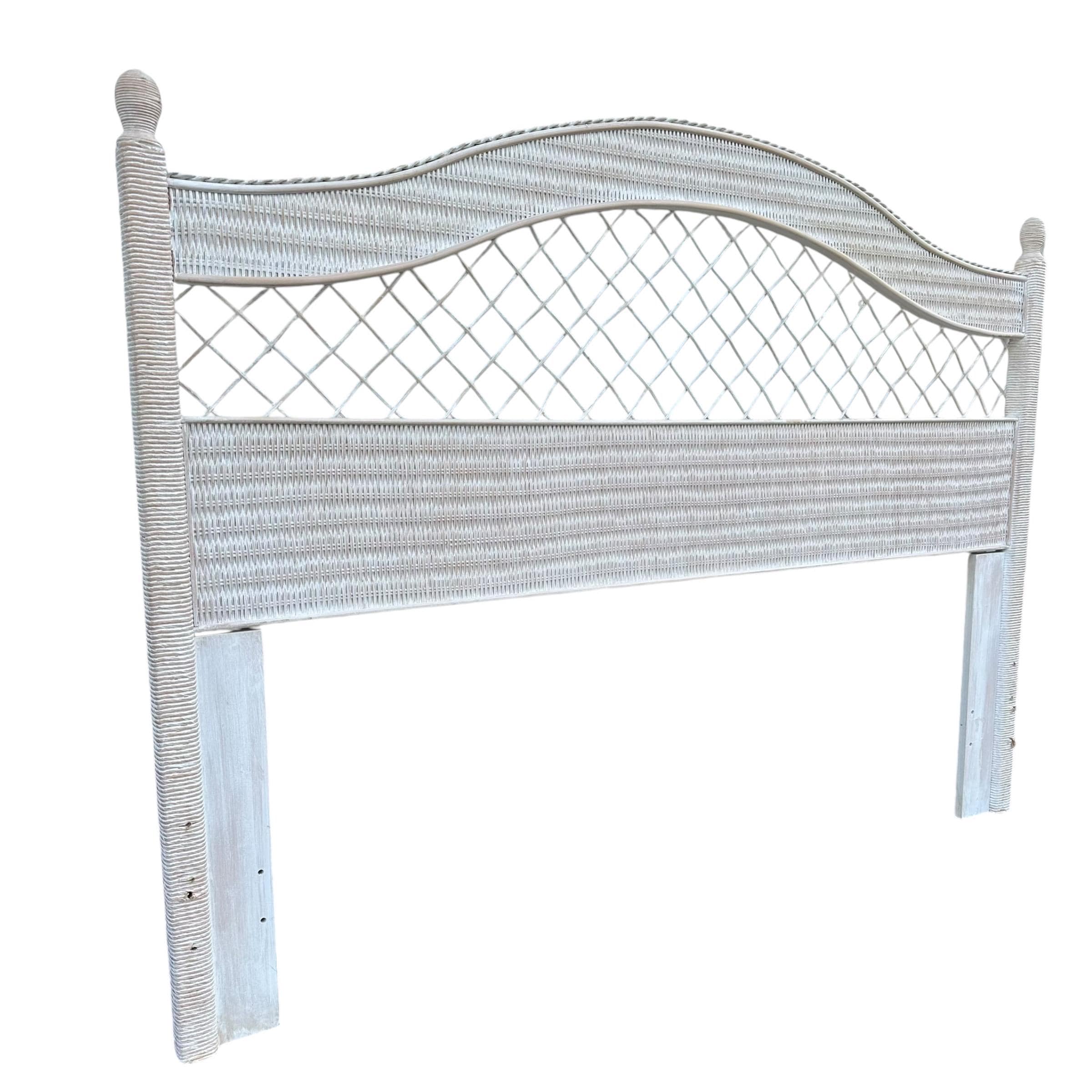 SOLD Rattan Queen Headboard by Henry Link Wicker - Vintage White Wash Full Coastal Boho Chic Hollywood Regency Style Bedroom Furniture - Thumbnail 3