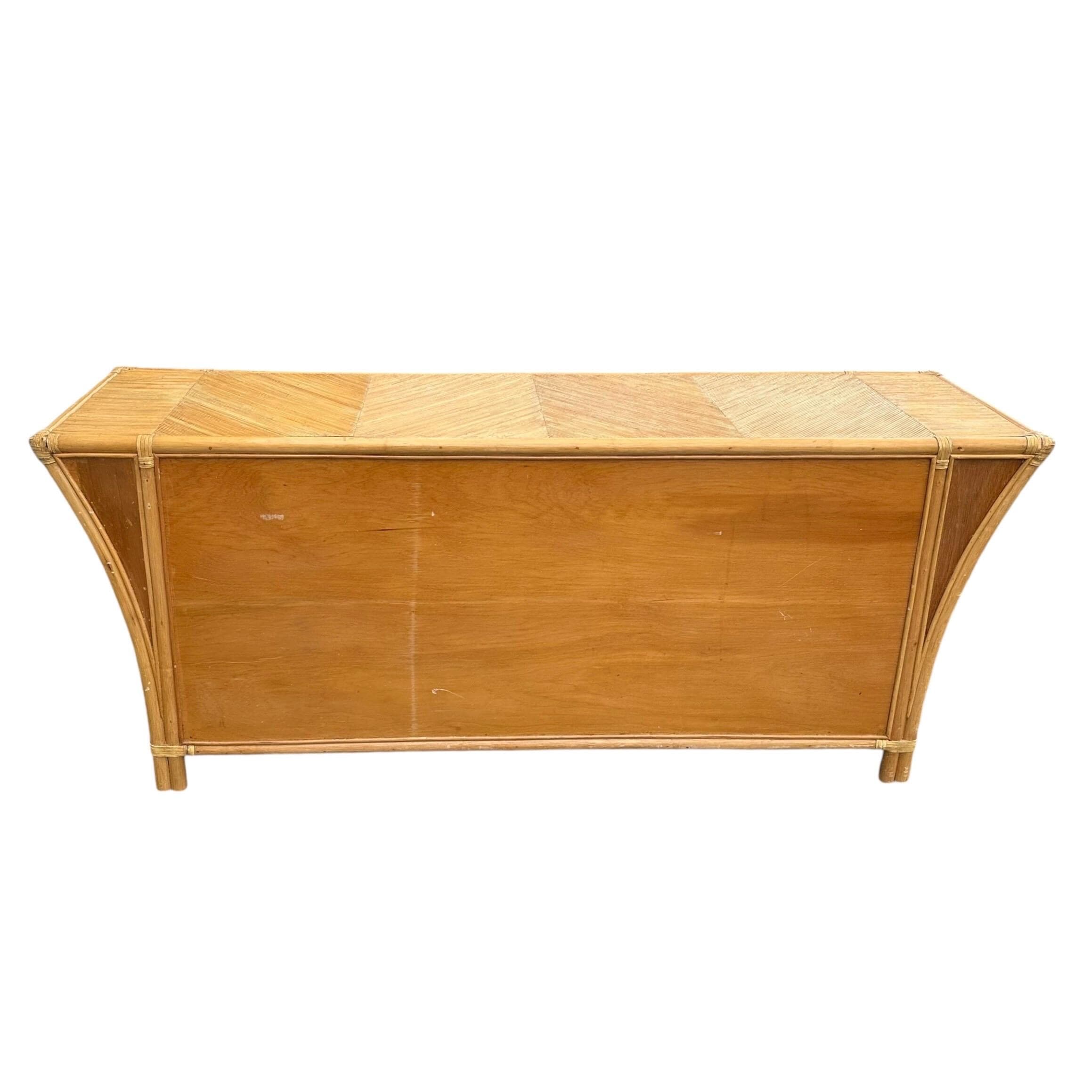 Bamboo Sideboard with Sculptural Winged Sides and Geometric Split Reed Details 72” Long - Vintage Coastal Rattan Wood Credenza - Thumbnail 9