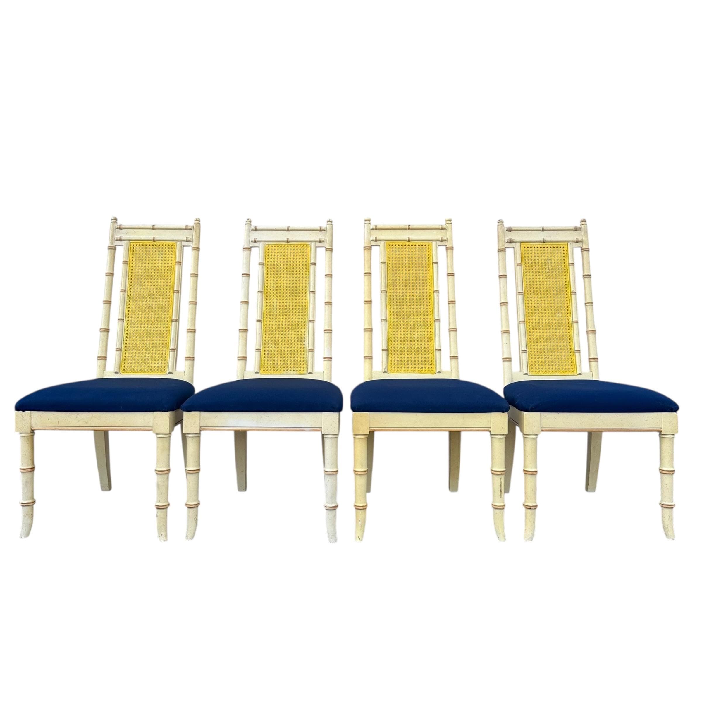 Set of 4 Faux Bamboo Dining Chairs - Vintage Wood & Rattan Cane Hollywood Regency Coastal Style