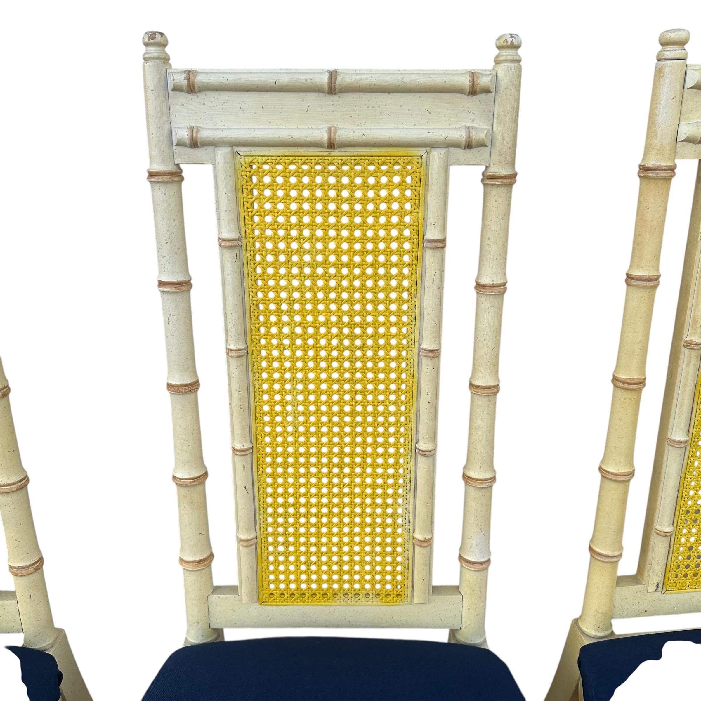 Set of 4 Faux Bamboo Dining Chairs - Vintage Wood & Rattan Cane Hollywood Regency Coastal Style - Thumbnail 4