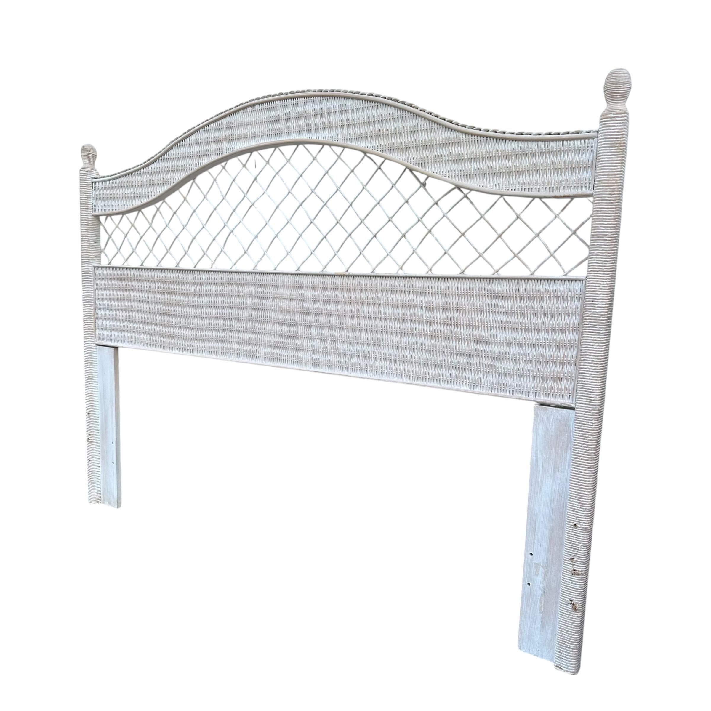 SOLD Rattan Queen Headboard by Henry Link Wicker - Vintage White Wash Full Coastal Boho Chic Hollywood Regency Style Bedroom Furniture - Thumbnail 8
