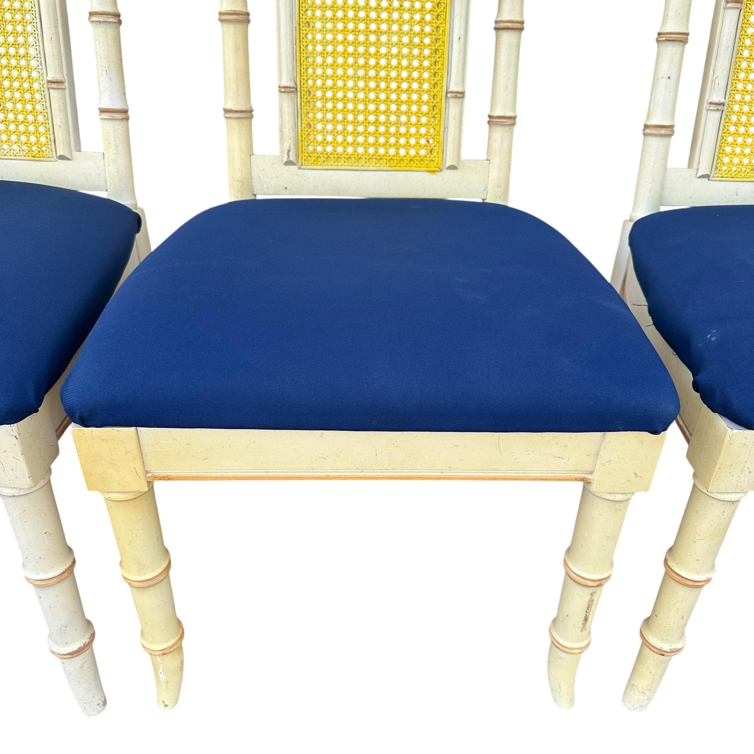 Set of 4 Faux Bamboo Dining Chairs - Vintage Wood & Rattan Cane Hollywood Regency Coastal Style - Thumbnail 6