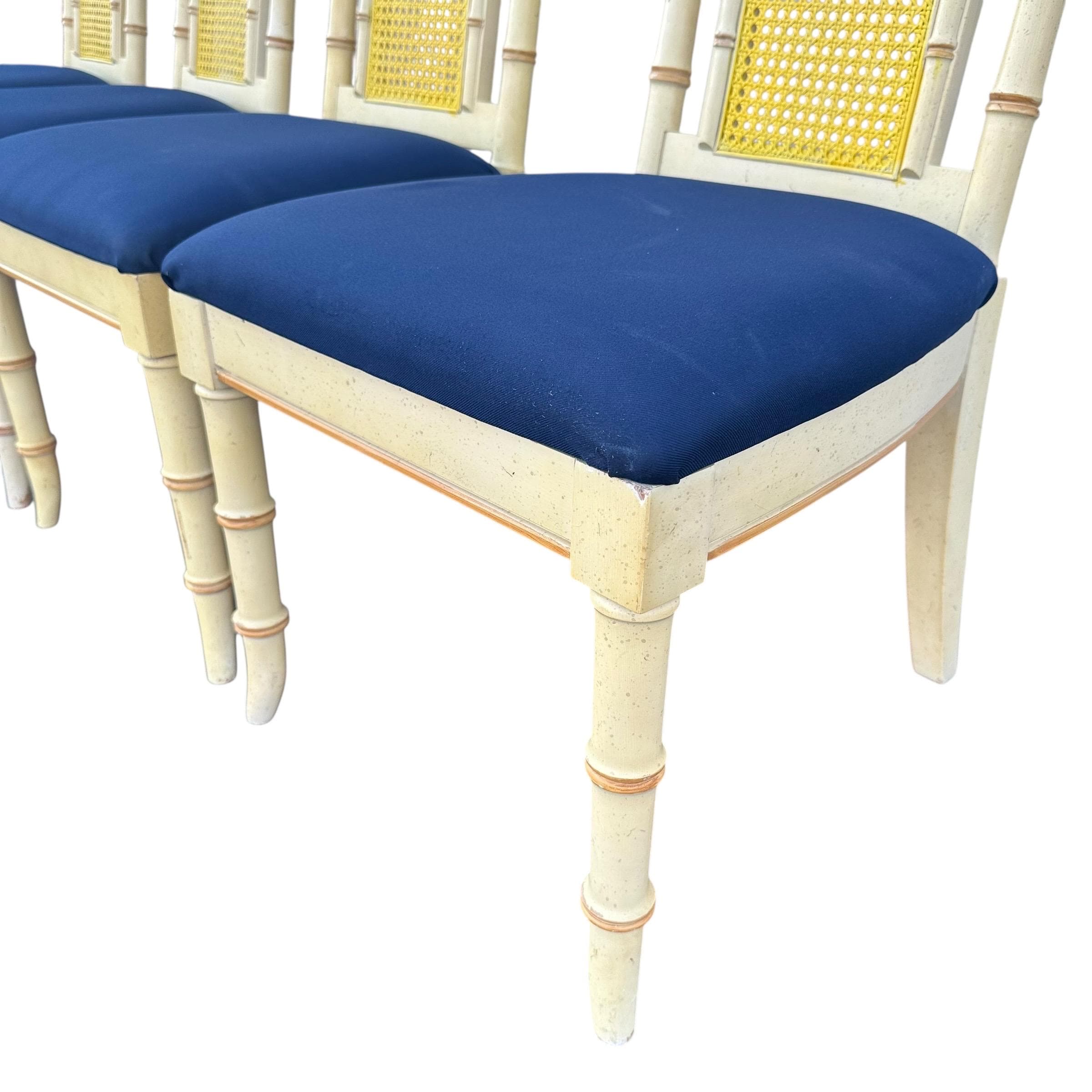 Set of 4 Faux Bamboo Dining Chairs - Vintage Wood & Rattan Cane Hollywood Regency Coastal Style - Thumbnail 7