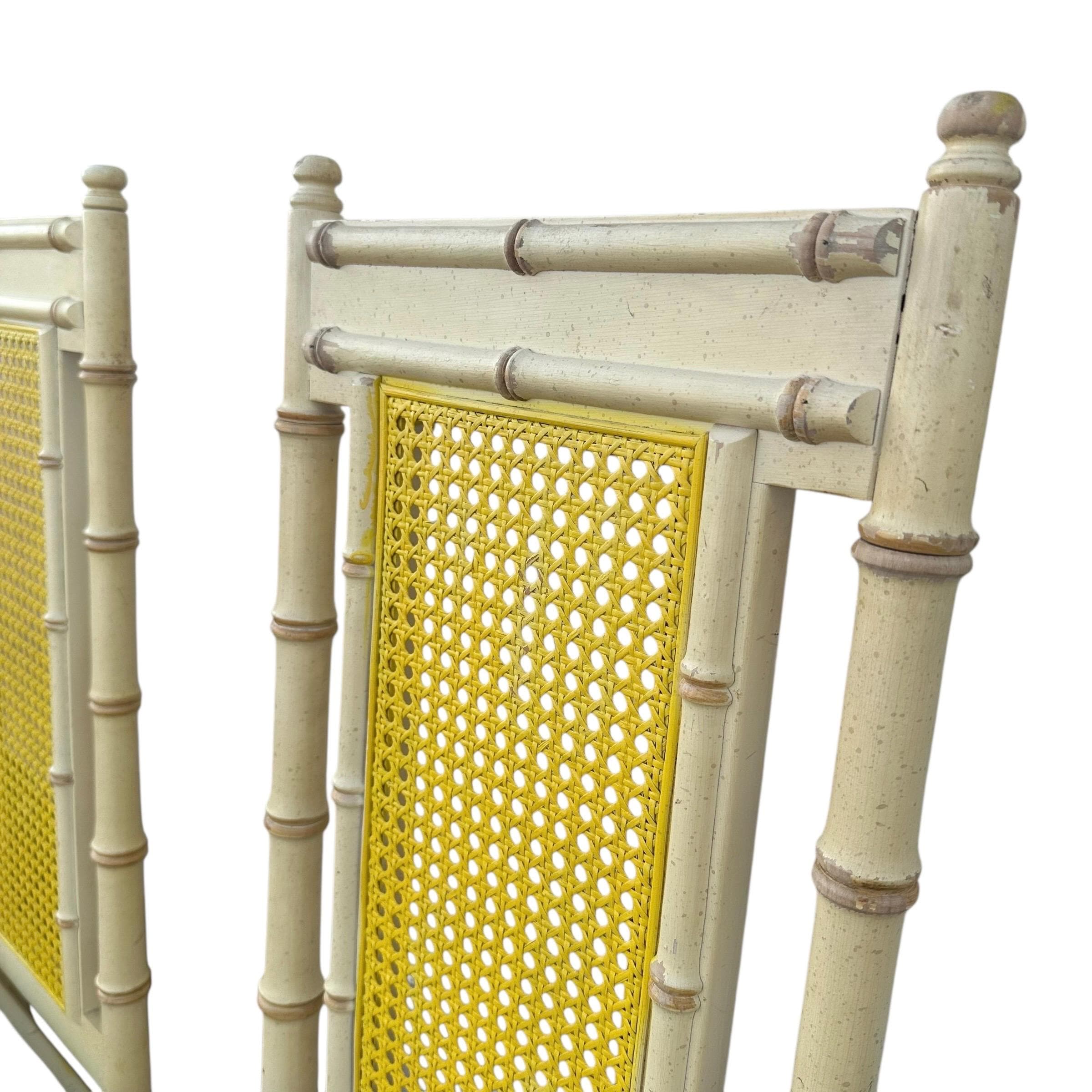 Set of 4 Faux Bamboo Dining Chairs - Vintage Wood & Rattan Cane Hollywood Regency Coastal Style - Thumbnail 8